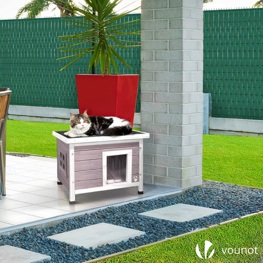 VOUNOT? Cat House Garden Wooden Kitten Home with Water-resistant Openable Roof, Privacy Window Outdoor Pet Shelter 57x45x43cm, Grey