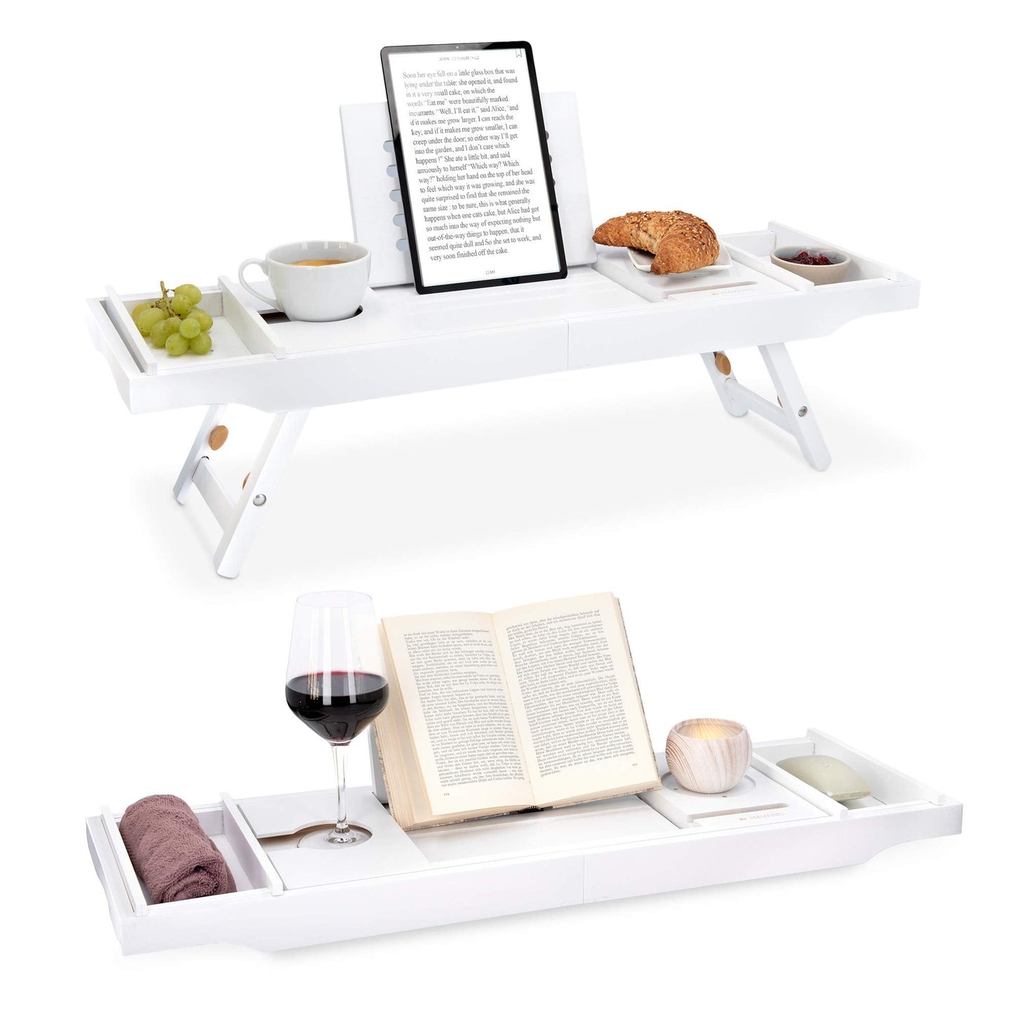 Navaris Bed and Bath Tray - Wooden Rack with Folding Legs - Bamboo Bathtub Caddy Bridge Shelf with Book or Tablet Stand - White