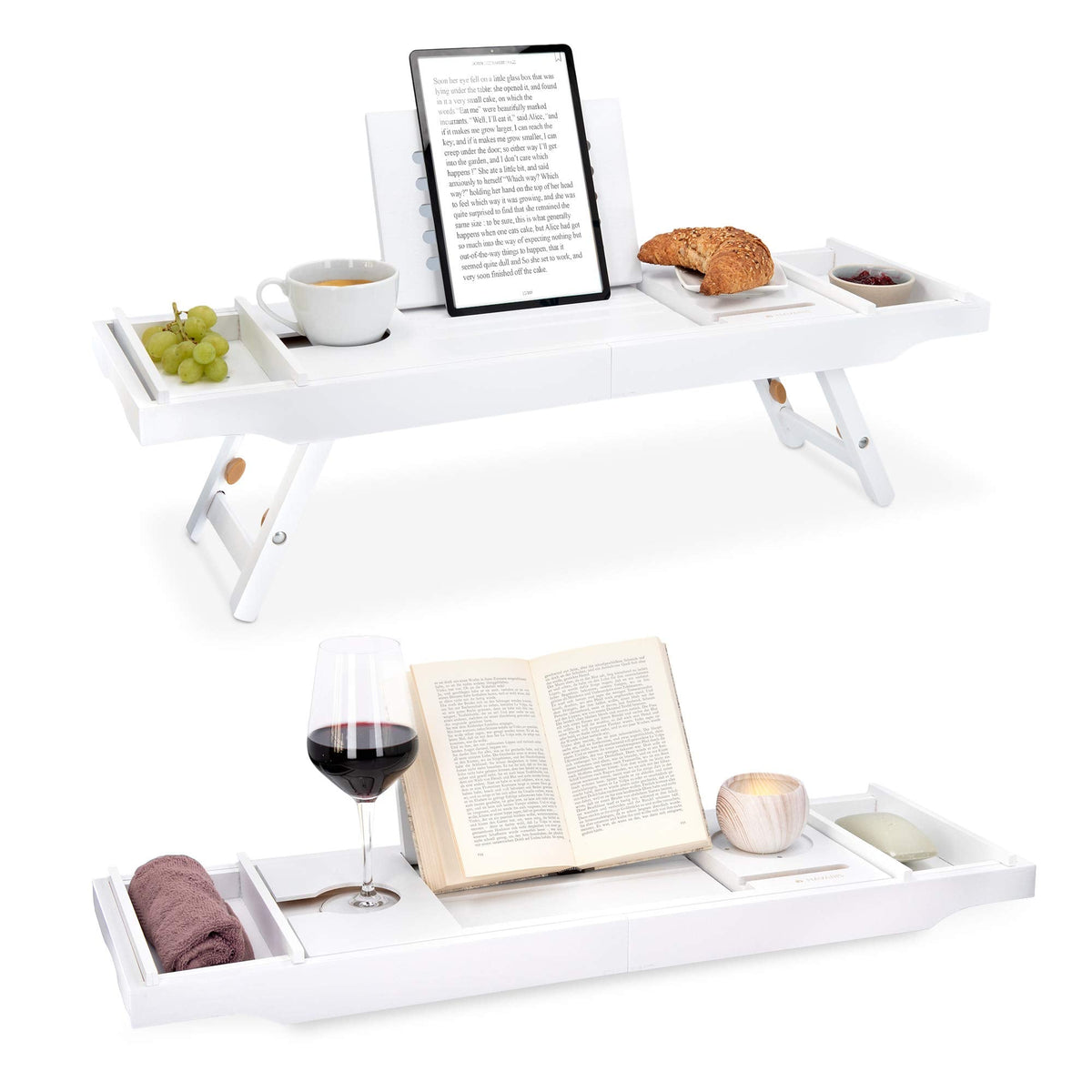 Navaris Bed and Bath Tray - Wooden Rack with Folding Legs - Bamboo Bathtub Caddy Bridge Shelf with Book or Tablet Stand - White