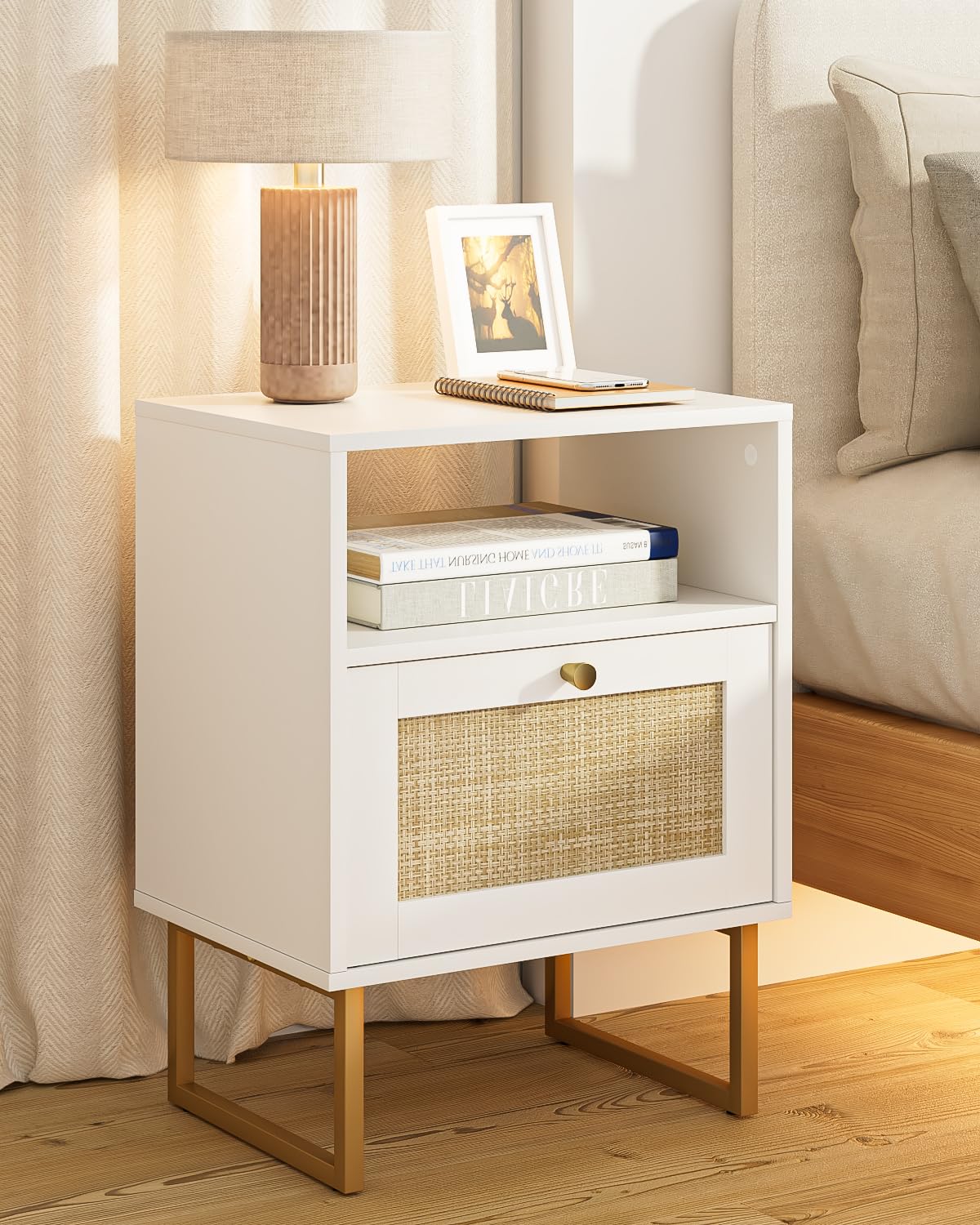 HEYZOEY Boho Bedside Table, Large Rattan Night Stand, Wood Nightstand with Drawer and White Oak Shelf, Side Table, End Table for Bedroom,Living