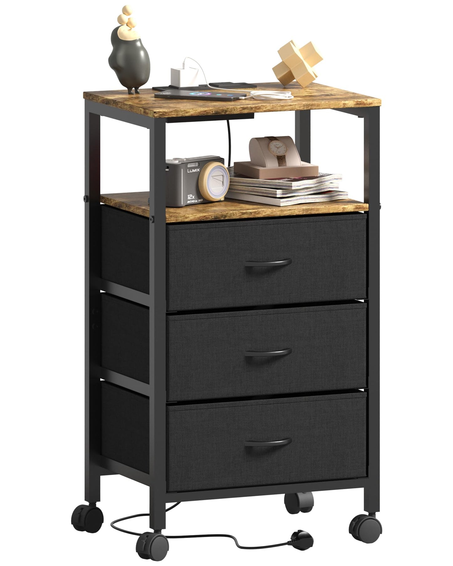 Lutown-Teen Bedside Table with Charging Station, Night Stand Small Bedside Cabinet with Open Storage Shelf and 3 Fabric Drawers, Side Table with 4