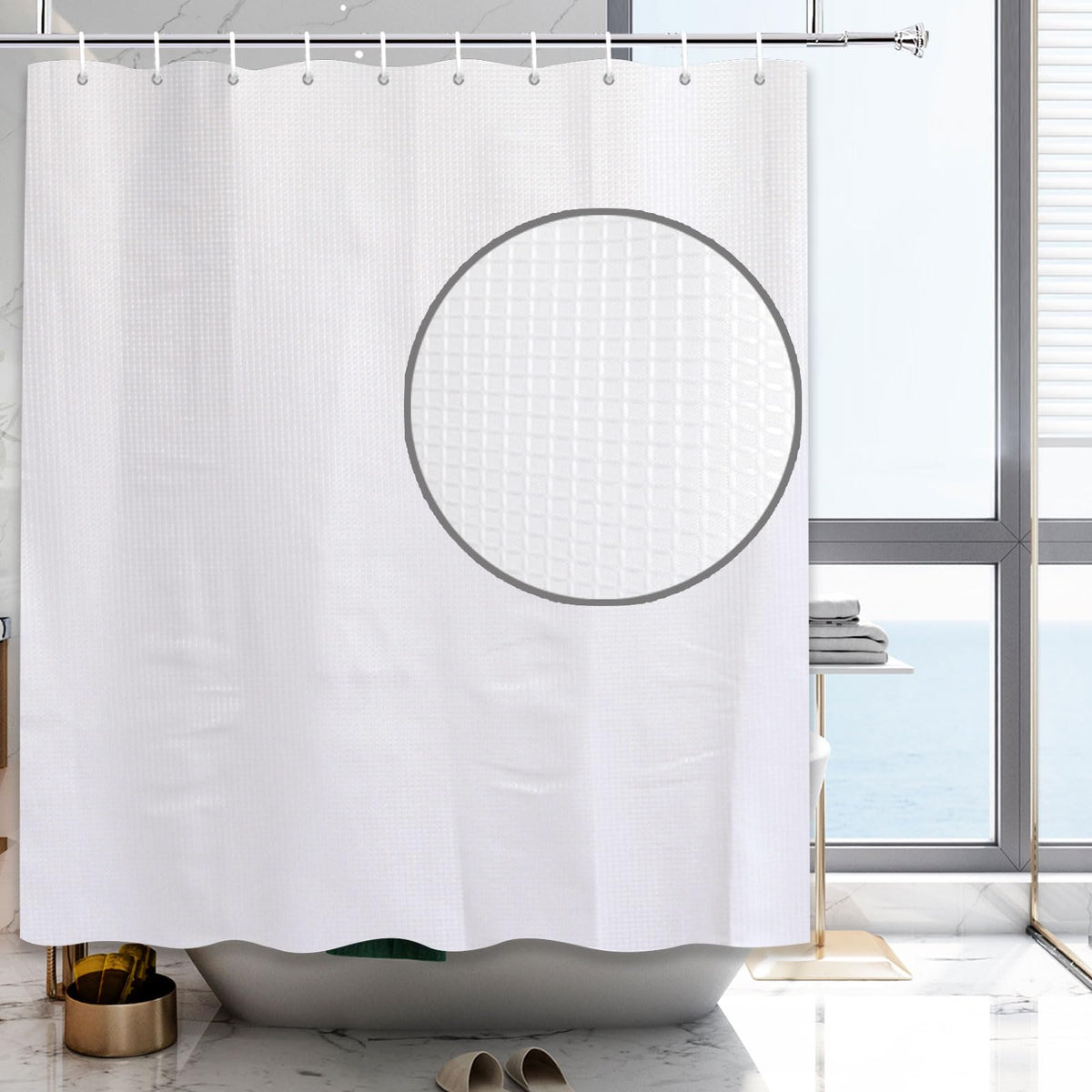 YISURE Extra Long White Waffle Shower Curtain, 240cm Drop, Waterproof Fabric with Hooks 71"x94"