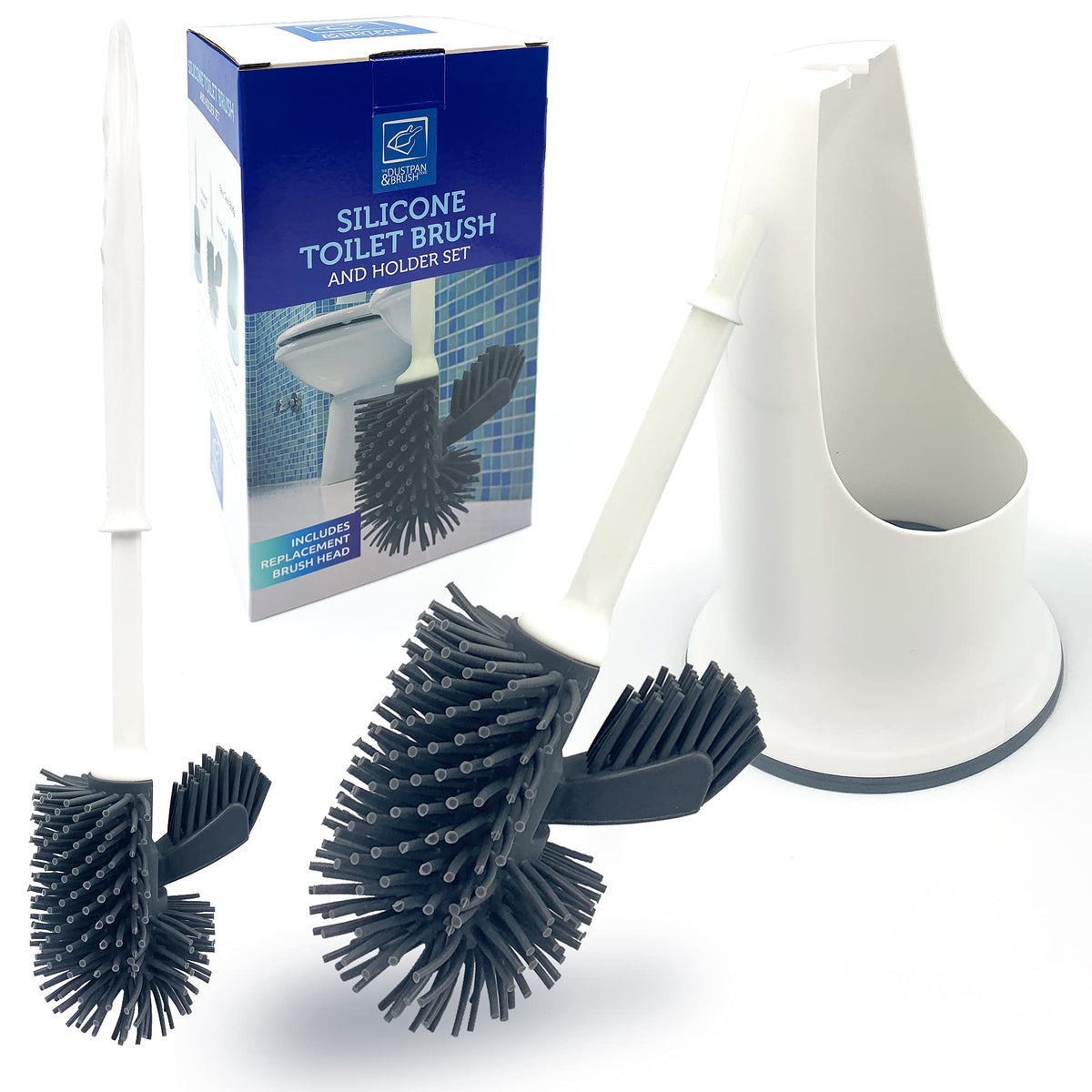 Silicone Toilet Brush Set, Modern Easy Clean Long-handled Toilet Brush with Holder - Includes a Silicone Rubber Replacement Head