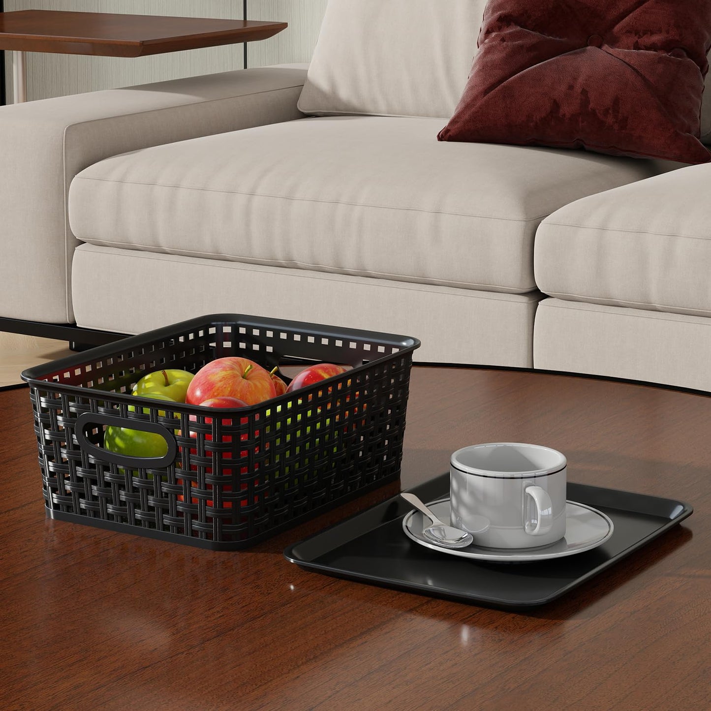 Parlynies Plastic Weave Baskets with Lid, Set of 6 Small Pantry Storage Basket, Black
