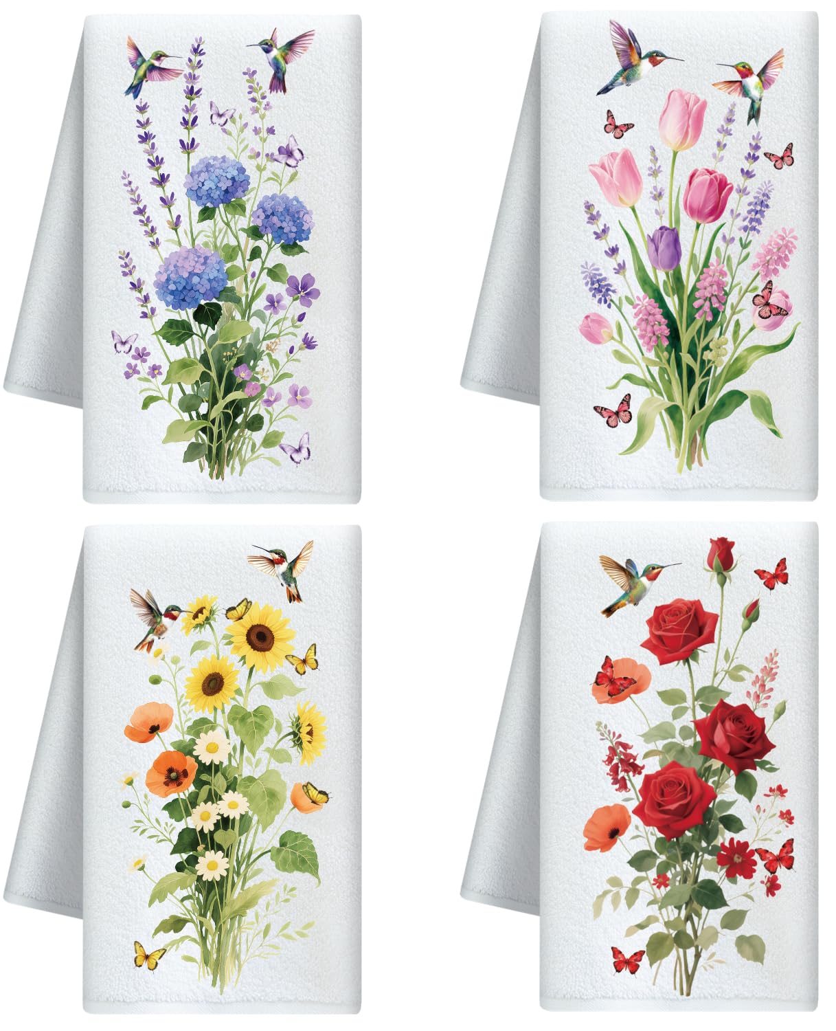 CUTHOLLOW Flowers and Hummingbird Decorative Kitchen Towels Set of 4, Soft & Absorbent Microfiber Dish Towel for Kitchen Tea Coffee Bar Home, Best