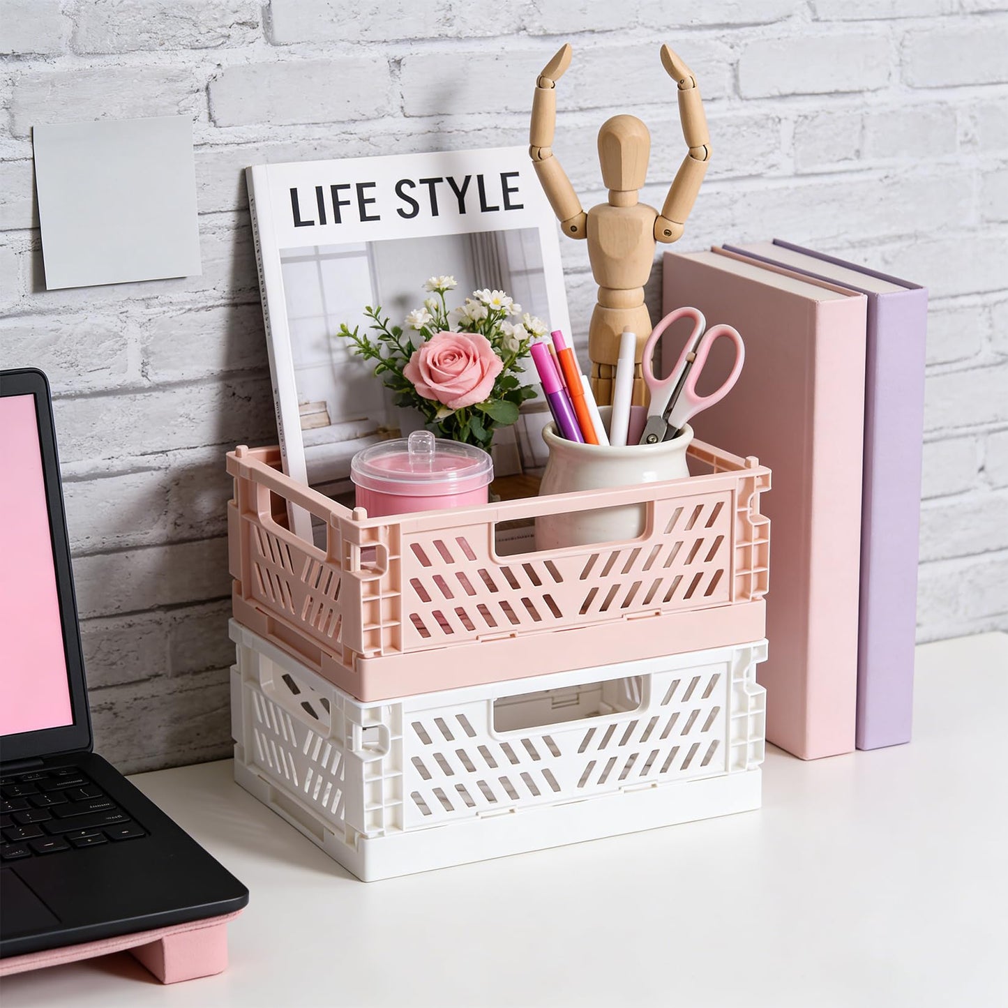PIANKEKE 4 Pcs Collapsible Storage Boxes, Stackable Storage Baskets, Folding Crates, Foldable Basket