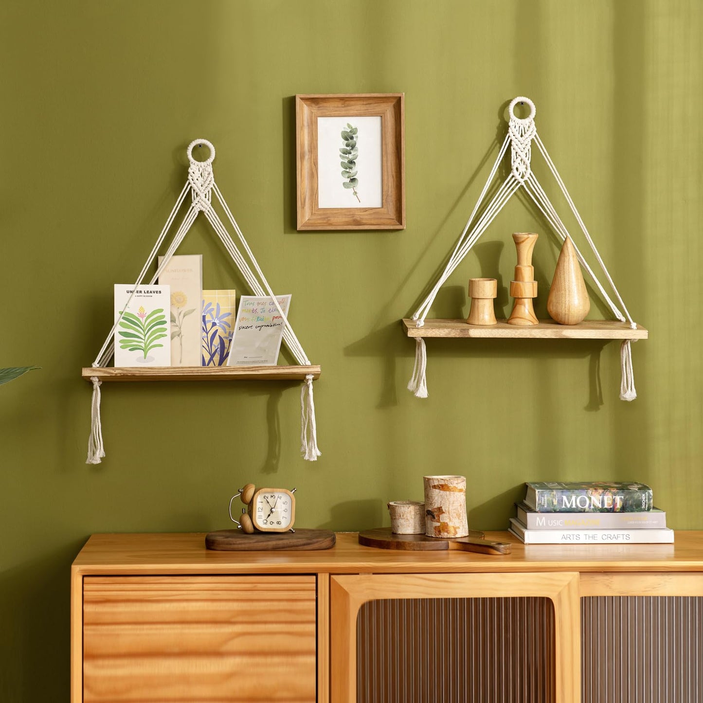 Mkono Macrame Hanging Shelves Boho Wall Decor Set of 2 Rustic Wood Floating Storage Shelf for Bedroom Bathroom Living Room Nursery Dorm Room