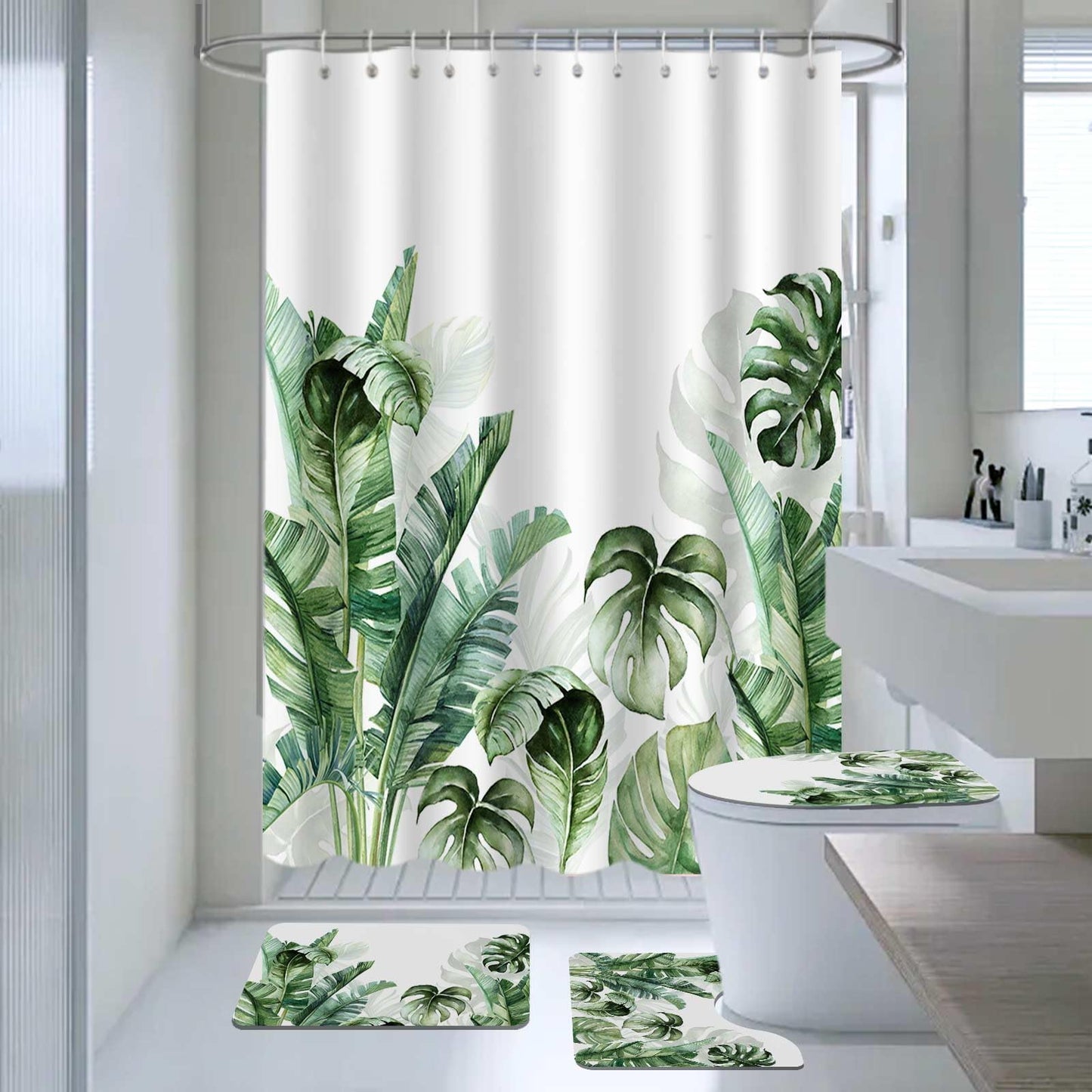AIBIIN Green Plants Shower Curtain Sets 4 Piece Tropical Palm Leaf with Non-Slip Rugs Toilet Lid Cover and Bath Mat Modern Bath Curtains for Bathroom