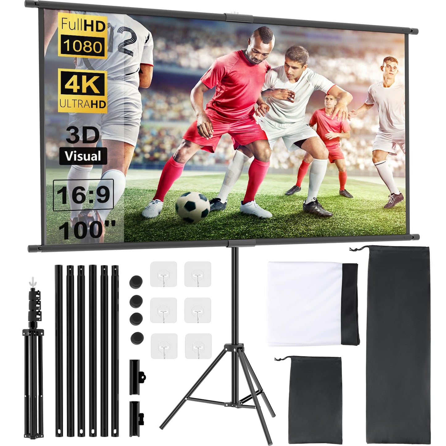 OWill Screen Projector with Tripod 100 Inches, 16:9 HD Screen Extendible, Portable Projector Screen for Home Cinema, Office, School, Presentation