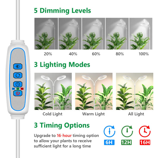 Aumtrly Grow Light - 2 Head White Full Spectrum Light With 68" Adjustable Stand for Large Tall Plants, 168 LED Floor Standing Lamp, 6/12/16H Timer, 5