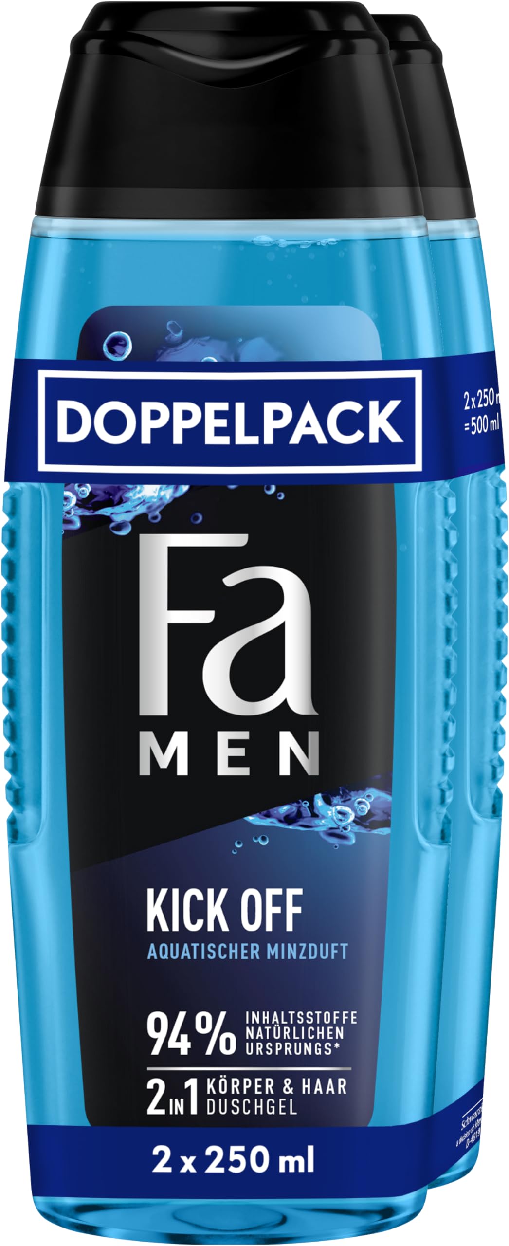 FA Men 2-in-1 Kick Off Shower Gel, Pack of 2 (2 x 250 ml), 2-in-1 Formula for Hair and Body, Activate Your Senses with the Intense, Masculine-Fresh