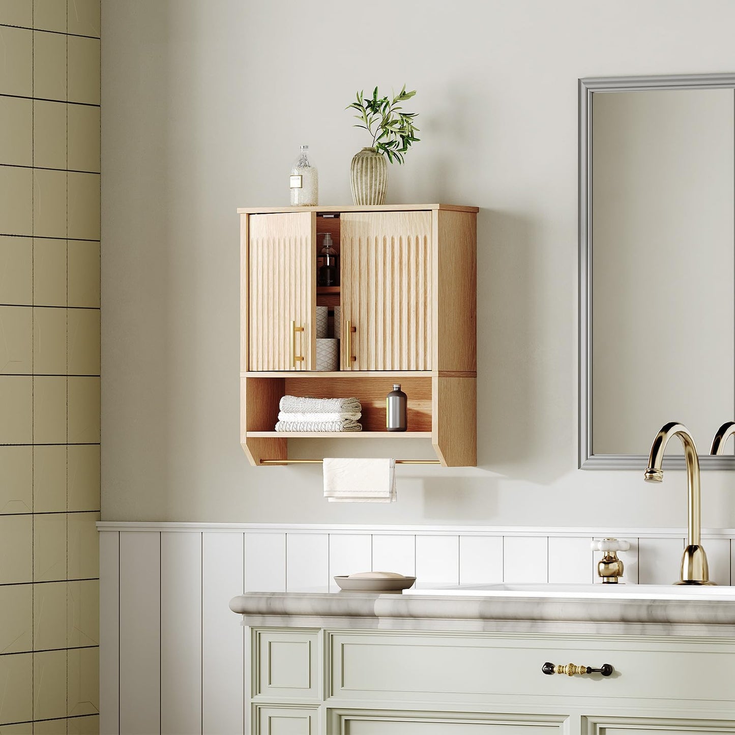 HOOBRO Bathroom Wall Cabinet, Wall Mounted Bathroom Cabinet with Towel Rack, Bathroom Storage Cabinet with Adjustable Shelf