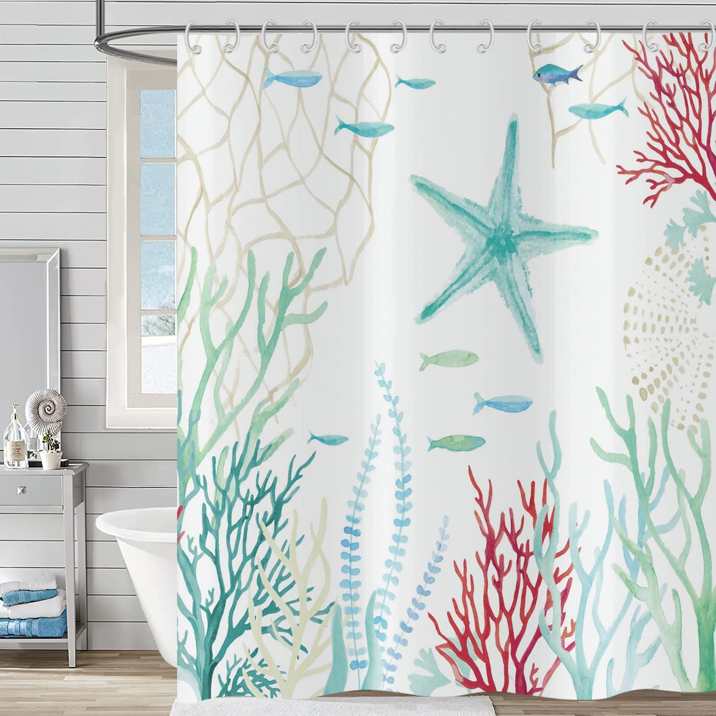 Hnmdmyi Starfish Shower Curtain 180x200, Watercolor Tropical Fish Nautical Coastal Ocean Shower Curtains Underwater Marine Life Bathroom Curtains