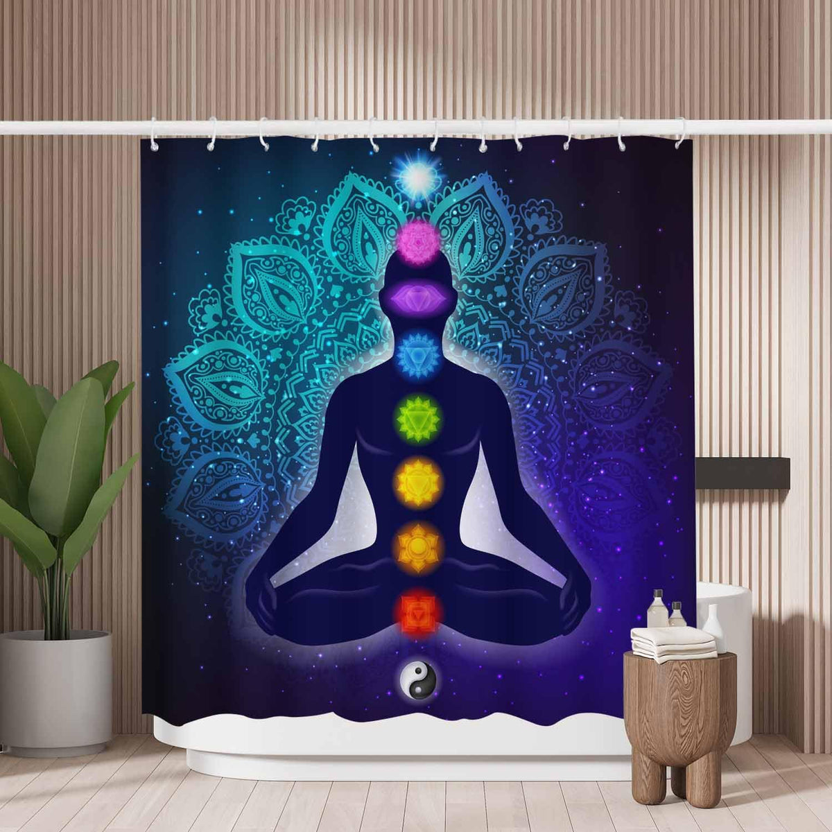 Woutay Shower Curtain Mould Proof Resistant Meditating Human in Lotus,Water Repellant Fabric,Polyester,Size 180x180CM