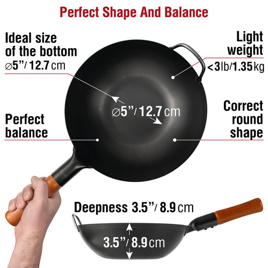 YOSUKATA Carbon Steel Wok Pan 30 cm Woks and Stir Fry Pans - Chinese Wok with Flat Bottom Pow Wok - Traditional Chinese Japanese Woks - Black Steel