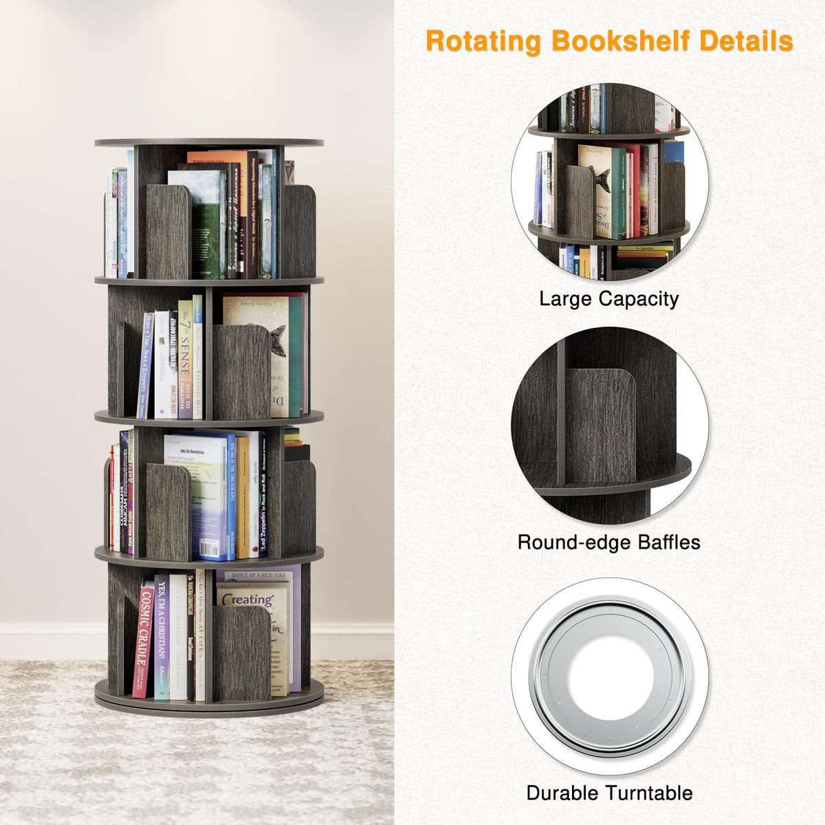 APPOLYN 4 Tier Rotating Bookshelf, 360 Display Spinning Bookcase, Black Oak