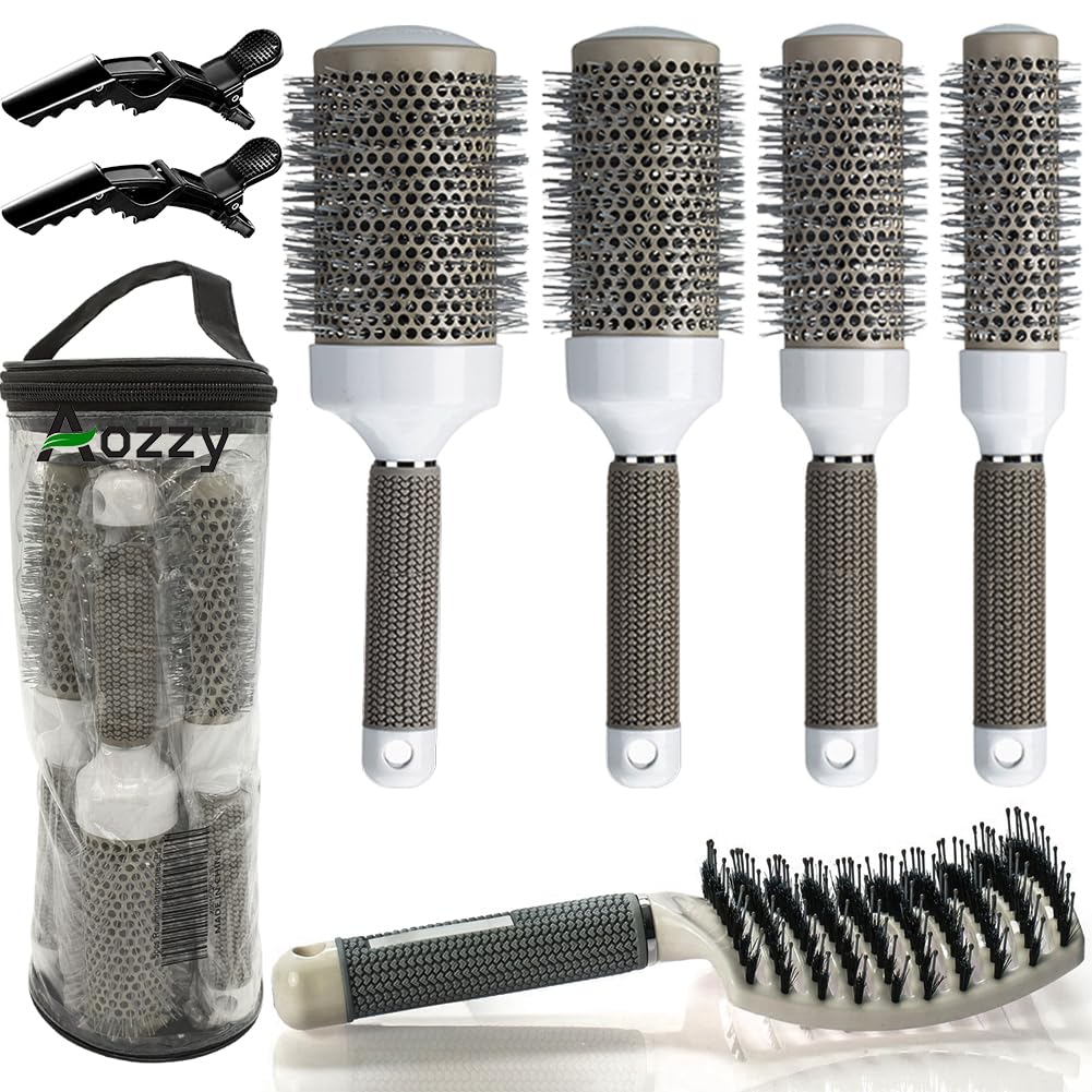 Aozzy 5pcs Pottery Lonic Round Hair Brush Set for Blow Drying, Curling, Professional Salon Styling Brush Set, Barrel Hairdressing Brushes Sets, Hair