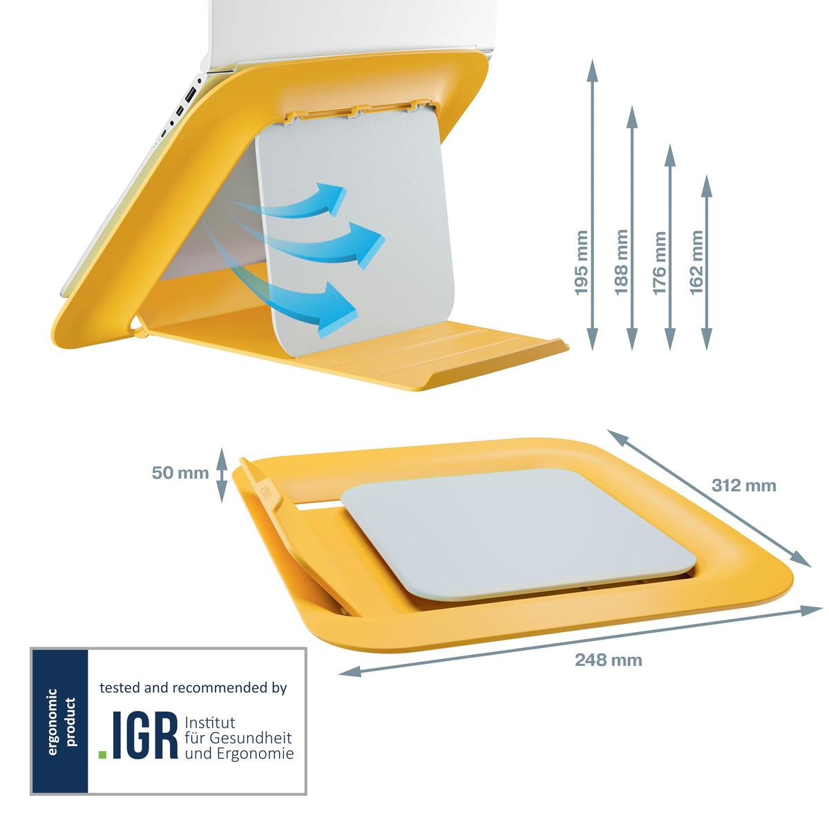 Leitz Adjustable Laptop Stand, Compact Laptop Holder With 4 Height Settings, 80% Recycled Plastic & 100% Recycable, Ergo Cosy Range, Warm Yellow