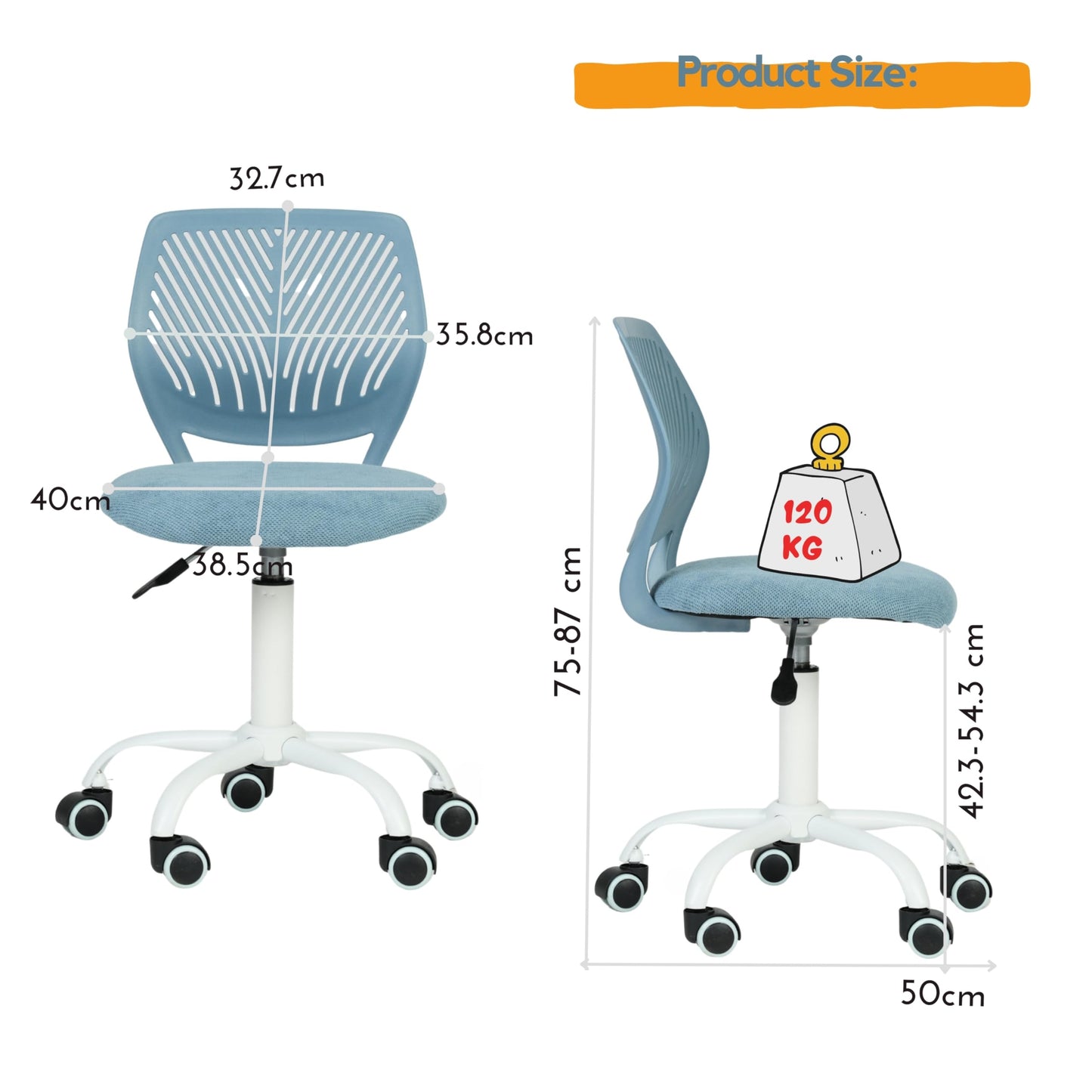 FurnitureR Ergonomic Adjustable Height Turner Rolling Computer Executive Chair for Home Office Study Pale Blue, Metal Plastic, 38CM x39CM x75-85CM