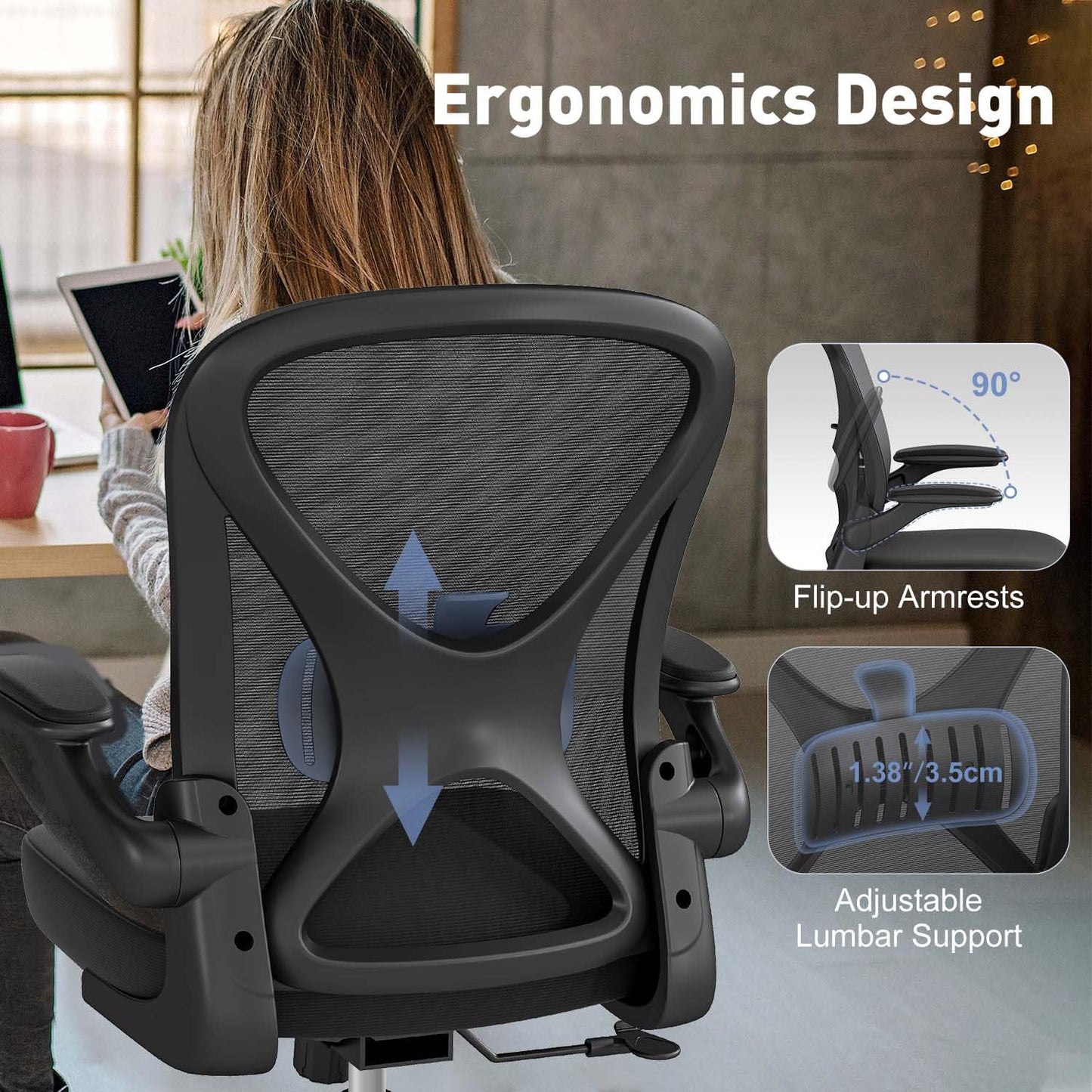 Keratee Ergonomic Mesh Office Chair with Adjustable Lumbar Support & Flip-up Arms, Breathable Computer Home Desk Chair with 360 & Height Adjustment