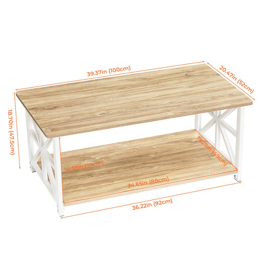 GreenForest Coffee Table with 2-Tier Storage,100 cm Living Room Table with Round Corner, Center Table with X-Frame Design for Home Office,Oak