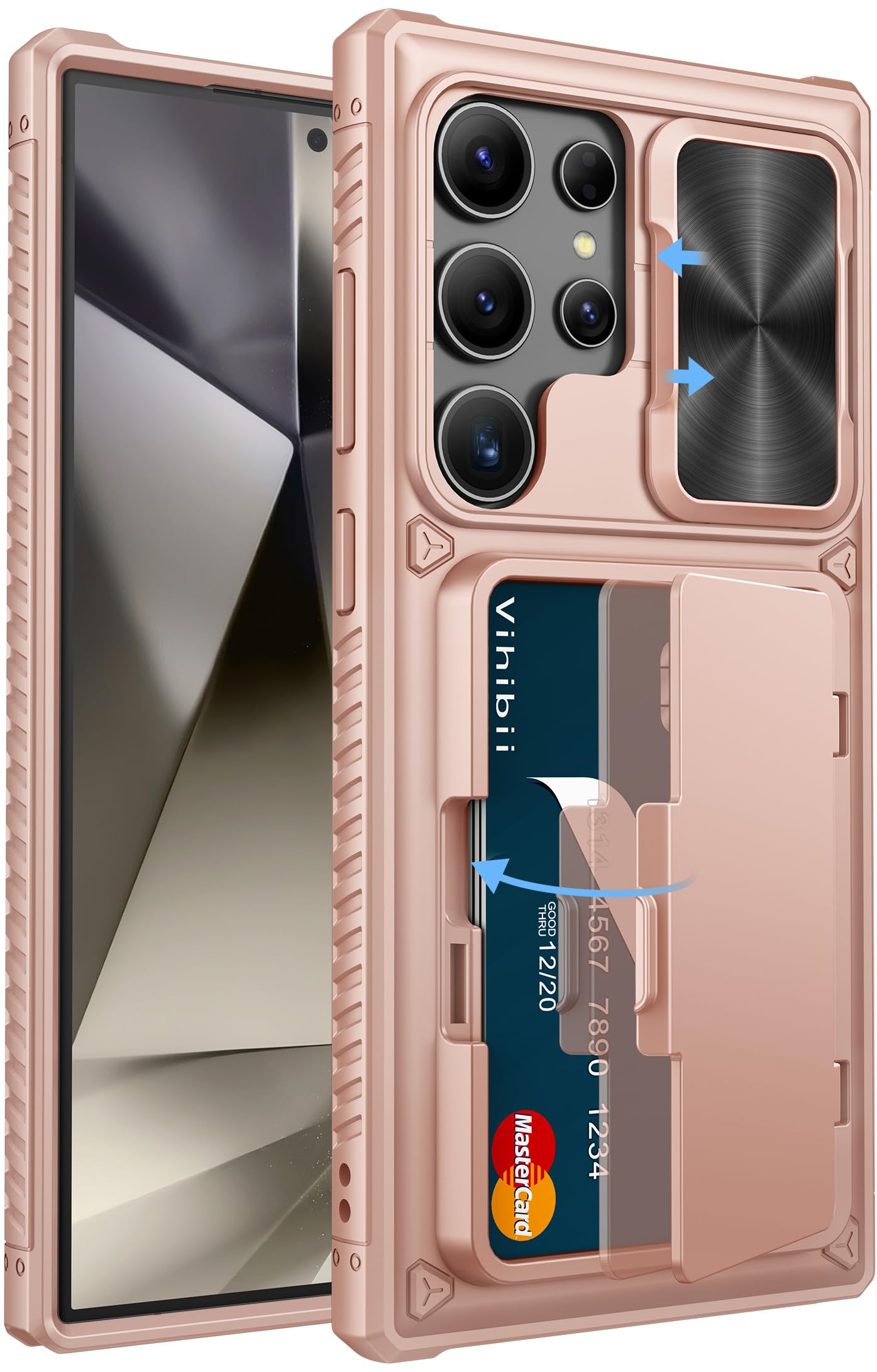 Vihibii for Samsung Galaxy S24 Ultra Case with Slide Camera Protection Cover, Built-in Card Holder (4 Cards) & Kickstand, Shockproof Rugged Wallet