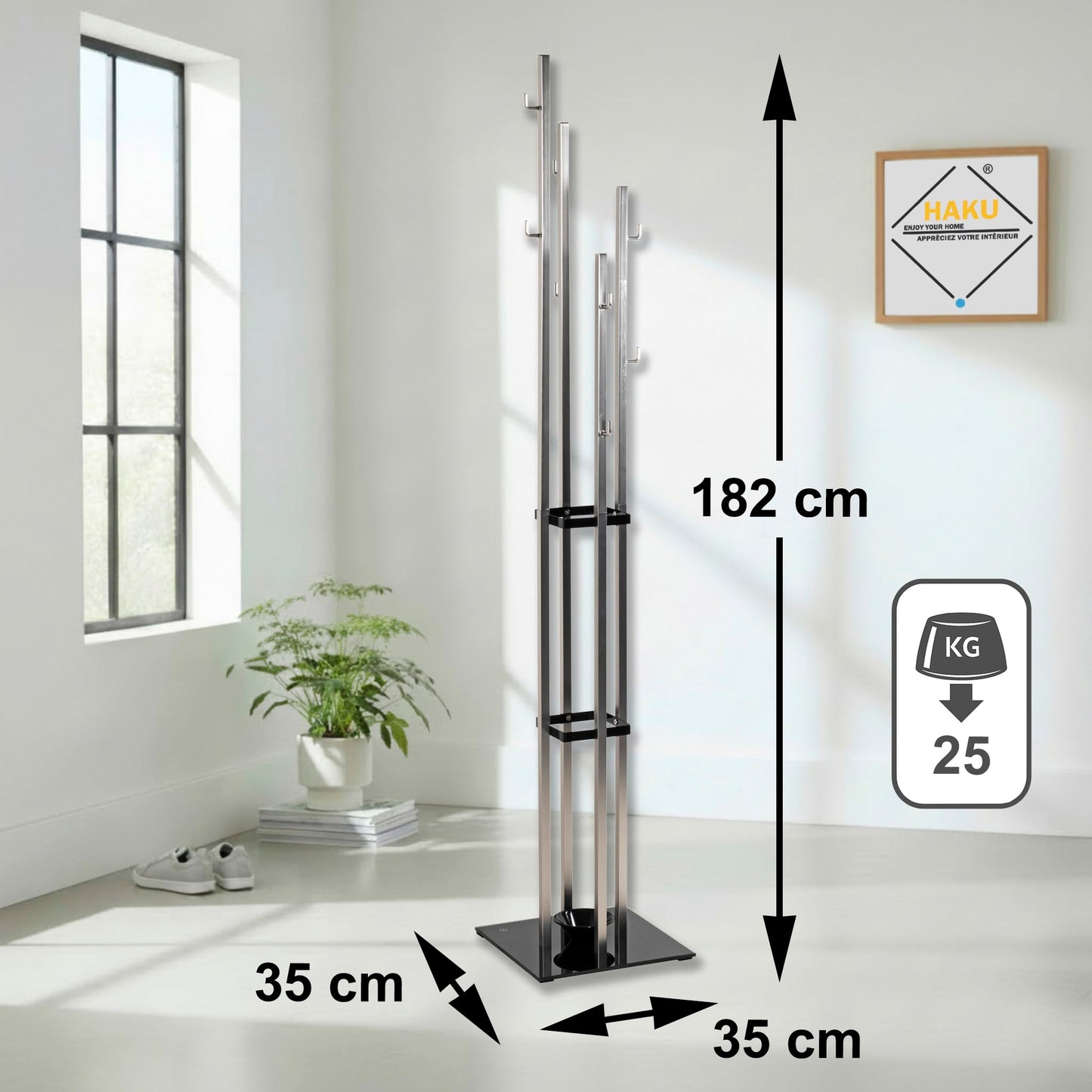 HAKU Coat rack in stainless steel finish, black, metal, 8 mm safety glass coat rack – dimensions: W 35 x H 182 x D 35 cm, style: modern