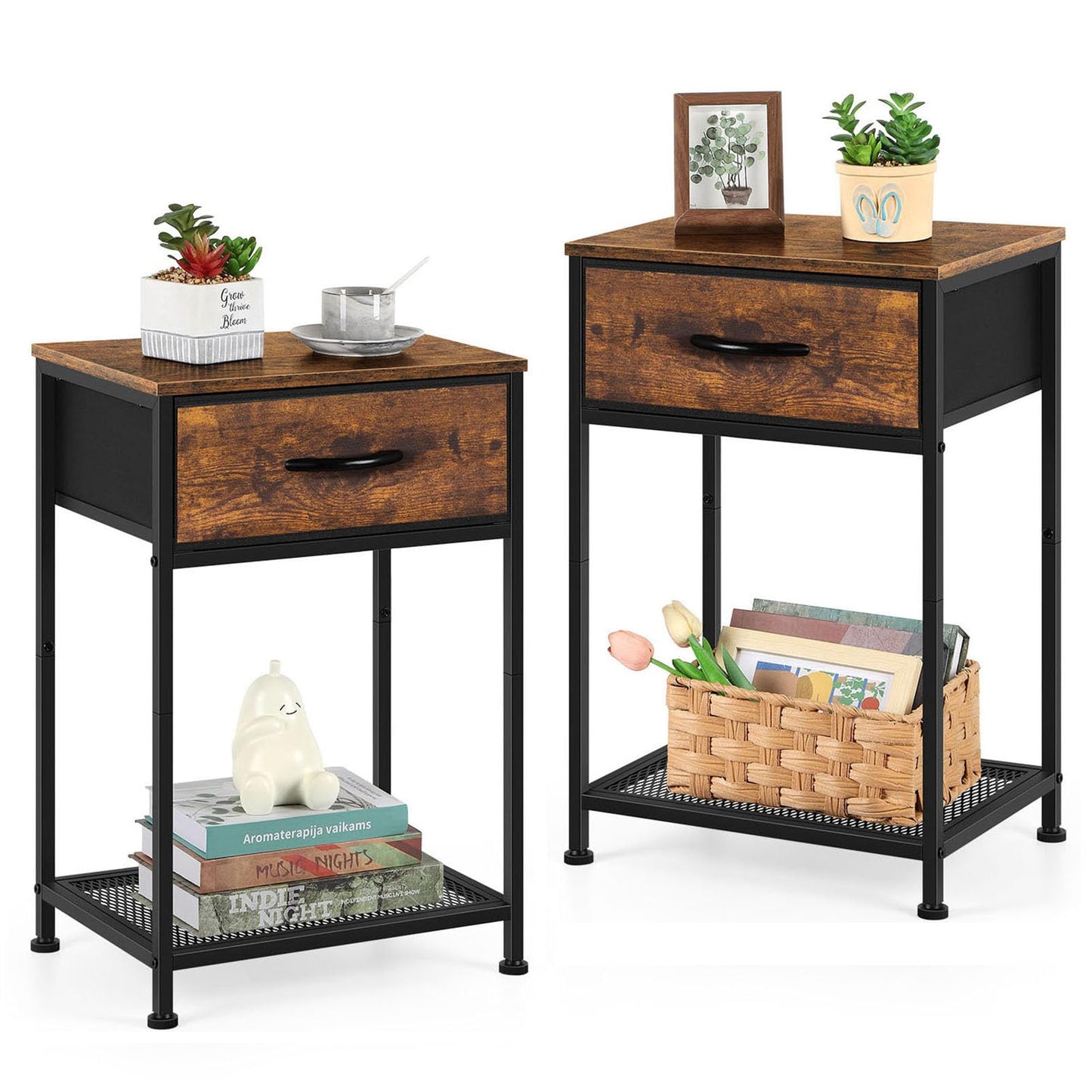 UOMIO Bedside Cabinets Set of 2 Bed Side Table for Bedroom Wooden Bedside Tables with Drawers Small and Rustic Wood Side Tables for Bedroom Living