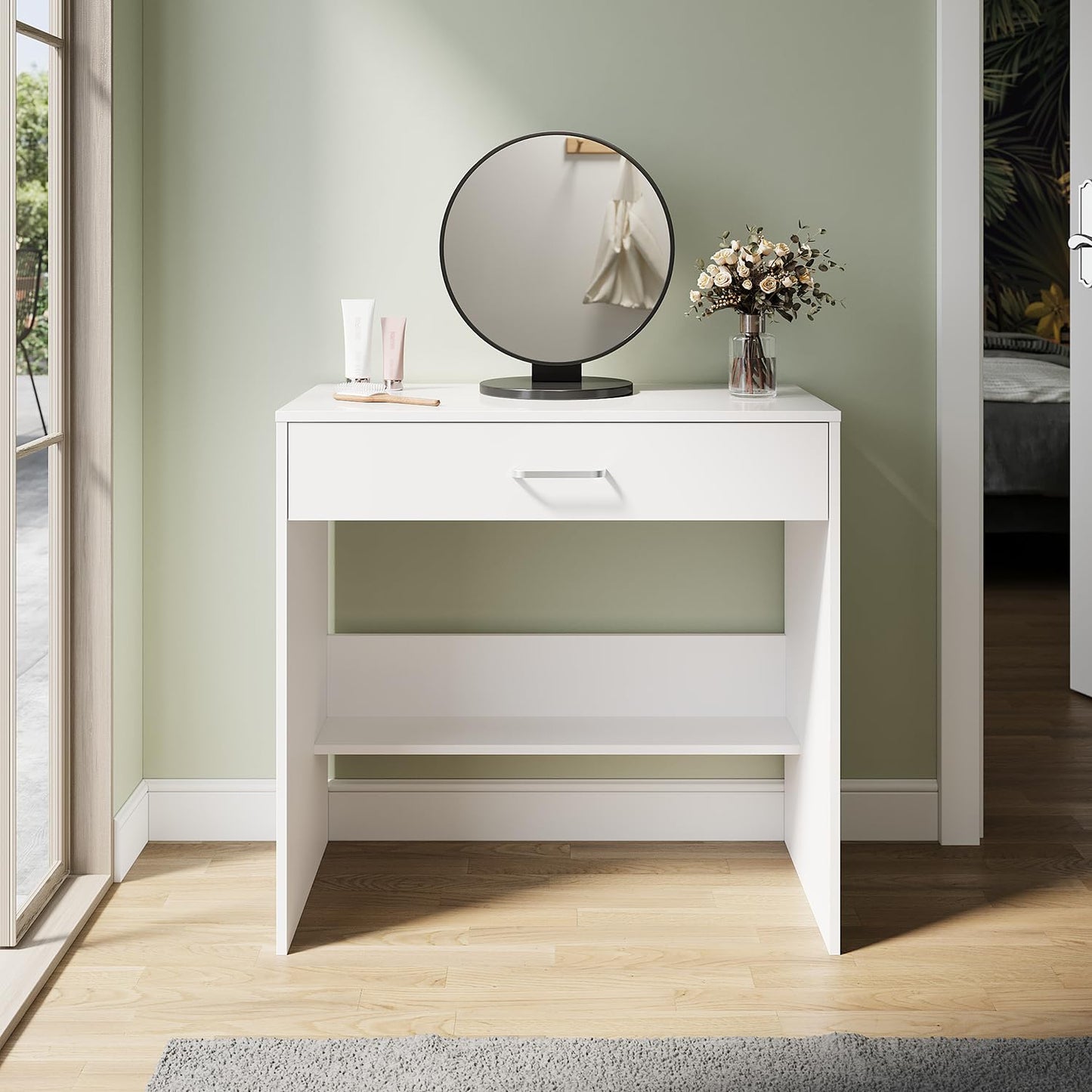 ZANOFIRA Dressing Table with Large Storage Drawer & Partition Organizer, White Modern Vanity Makeup Desk for Bedroom, 77H x 80W x 40D cm