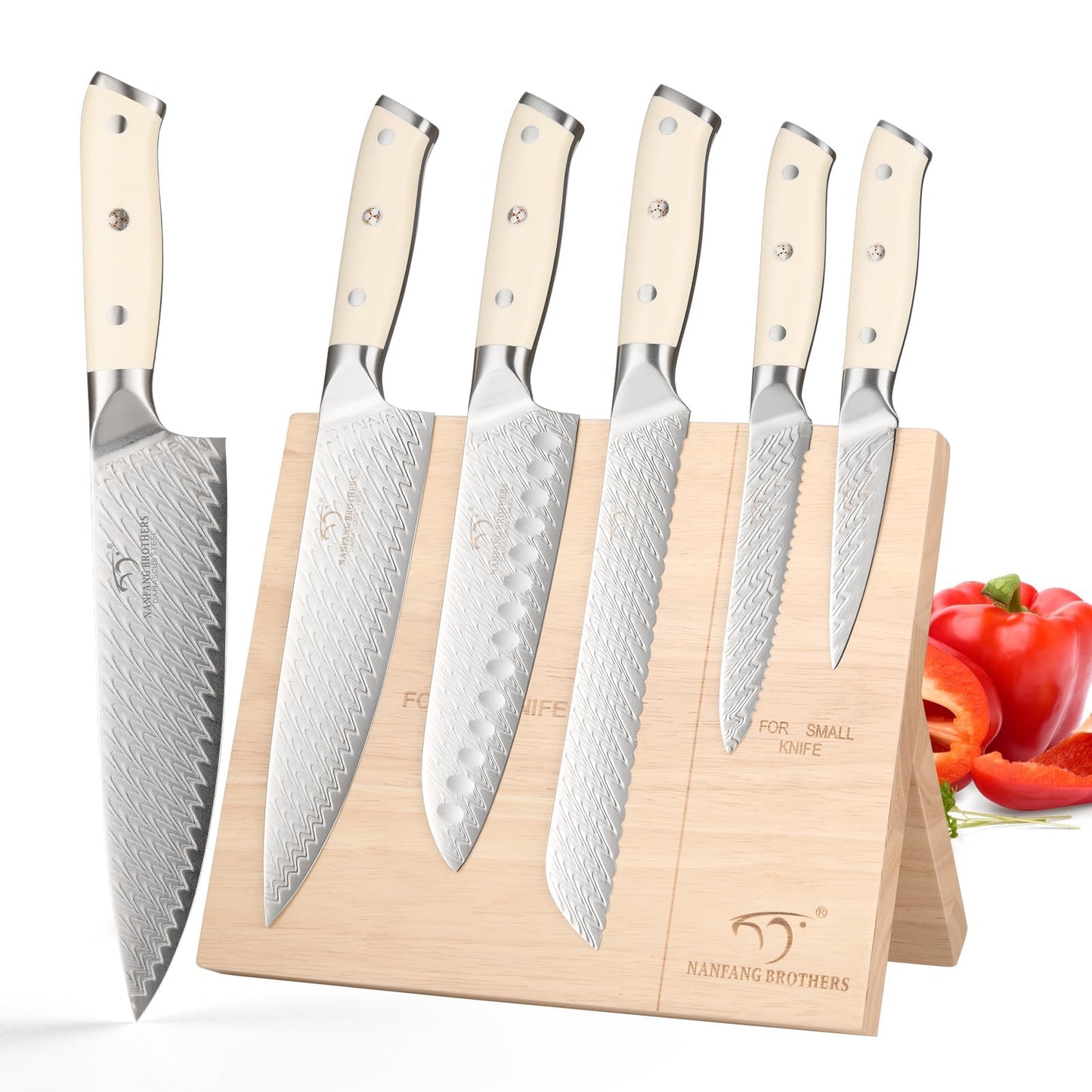 NANFANG BROTHERS 6-Piece Damascus Kitchen Knife Set with Magnetic Wood Stand - VG10 Steel Blades, Ergonomic ABS Handles, Chef/Cooking Knives