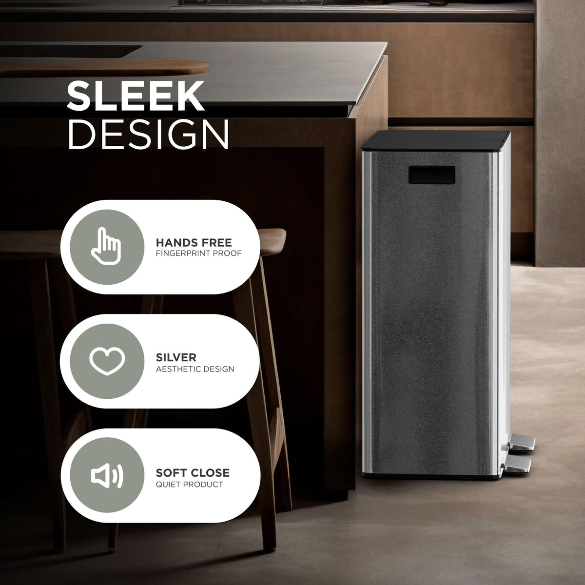DMD | 60L Dual Stainless Steel Rubbish Bin, 2 x 30L Removable Recycling Bins | 3L Compost Bin Included, Soft Closure, Easy Clean, Metal Pedals,
