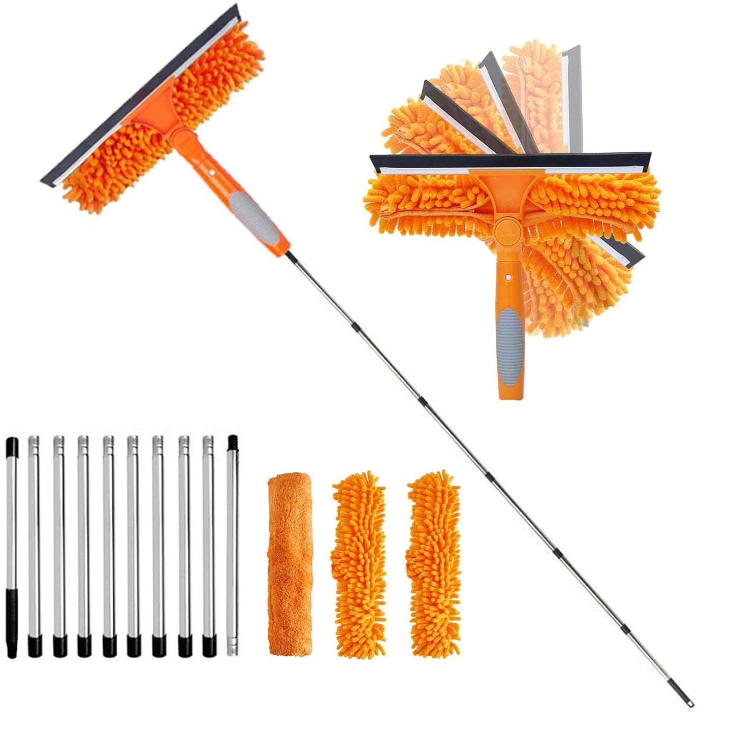 4.5M Window Squeegee Cleaner Tool Kit with Long Handle,2-in-1 Squeegee & Microfiber Cloth with Silicon Squeegee and Scrubber Tool,Rotatable Bendable