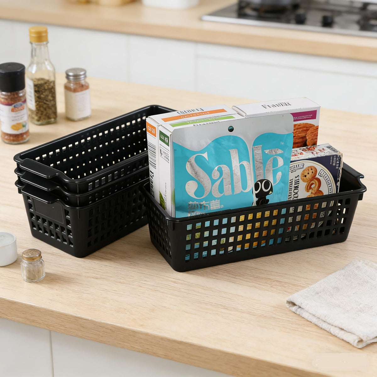 Parlynies Set of 4 Slim Desktop Basket, Plastic Storage Basket Set, Black
