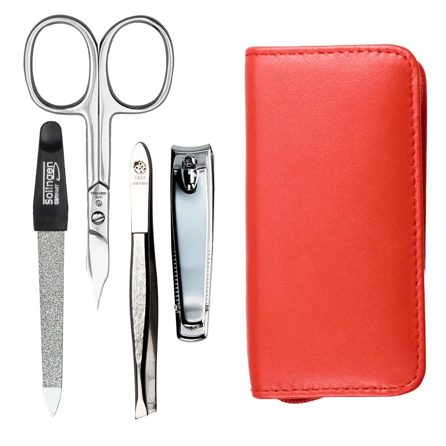 Manicure Set 4-Piece Travel Case - Nail Scissors, Nail Clippers, Nail File and Tweezers - Case Made of Genuine Nappa Lambskin Leather - Manicure and