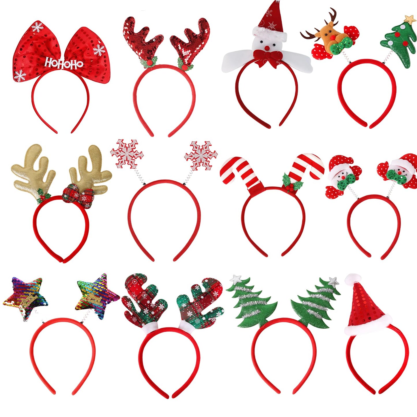 Moorlan 12 Pack Christmas Headbands for Adults and Kids, Fun Xmas Hairbands with Reindeer, Santa, Snowman, Tree, Candy Cane Designs, Festive Party