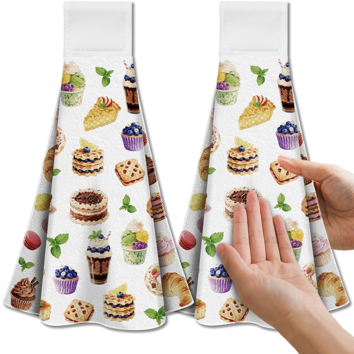 CUTHOLLOW Baking Desserts Cakes Tea Towels for Kitchen with Loop, Set of 2 - Soft & Super Absorbent Microfiber Decorative Hanging Dish & Hand Towel,