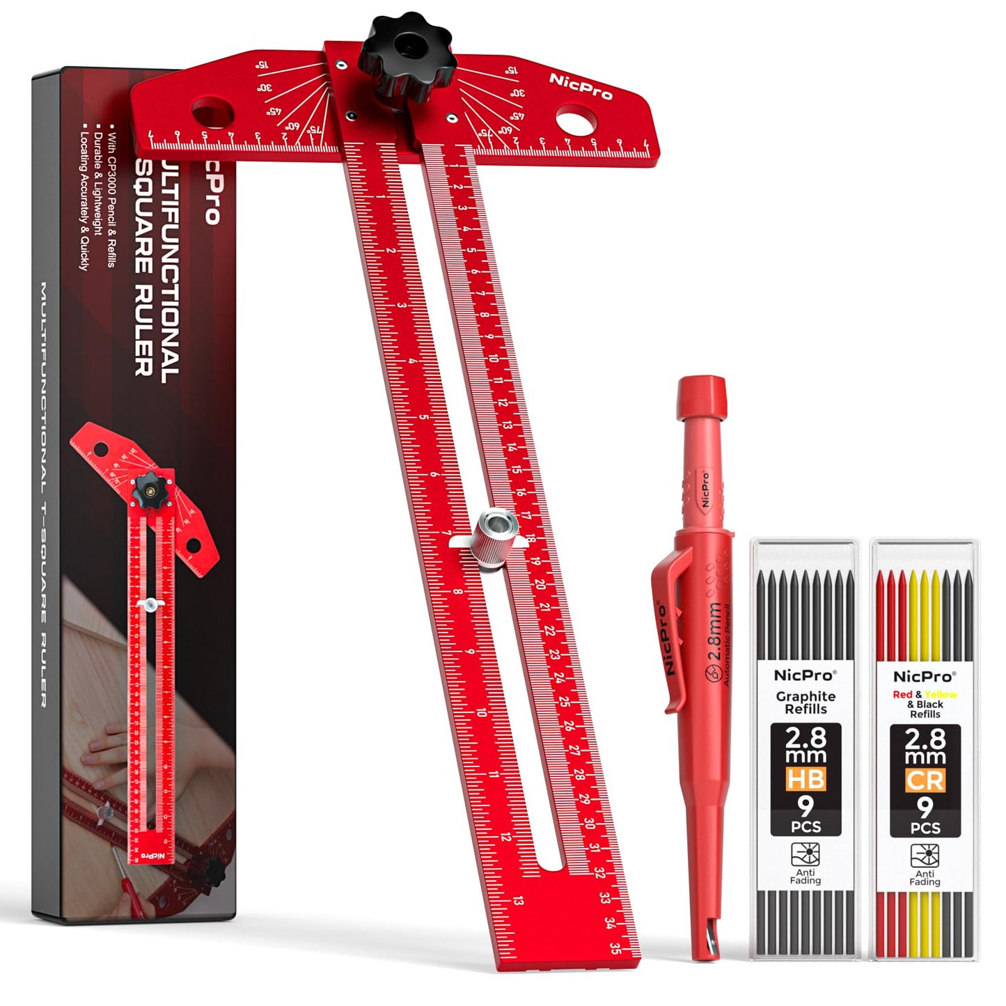 Nicpro Woodworking Scriber Marking Line Ruler, Adjustable Aluminum Alloy Sliding T-Square Ruler with Carpenter Pencil, Angle Adjustment Scale,