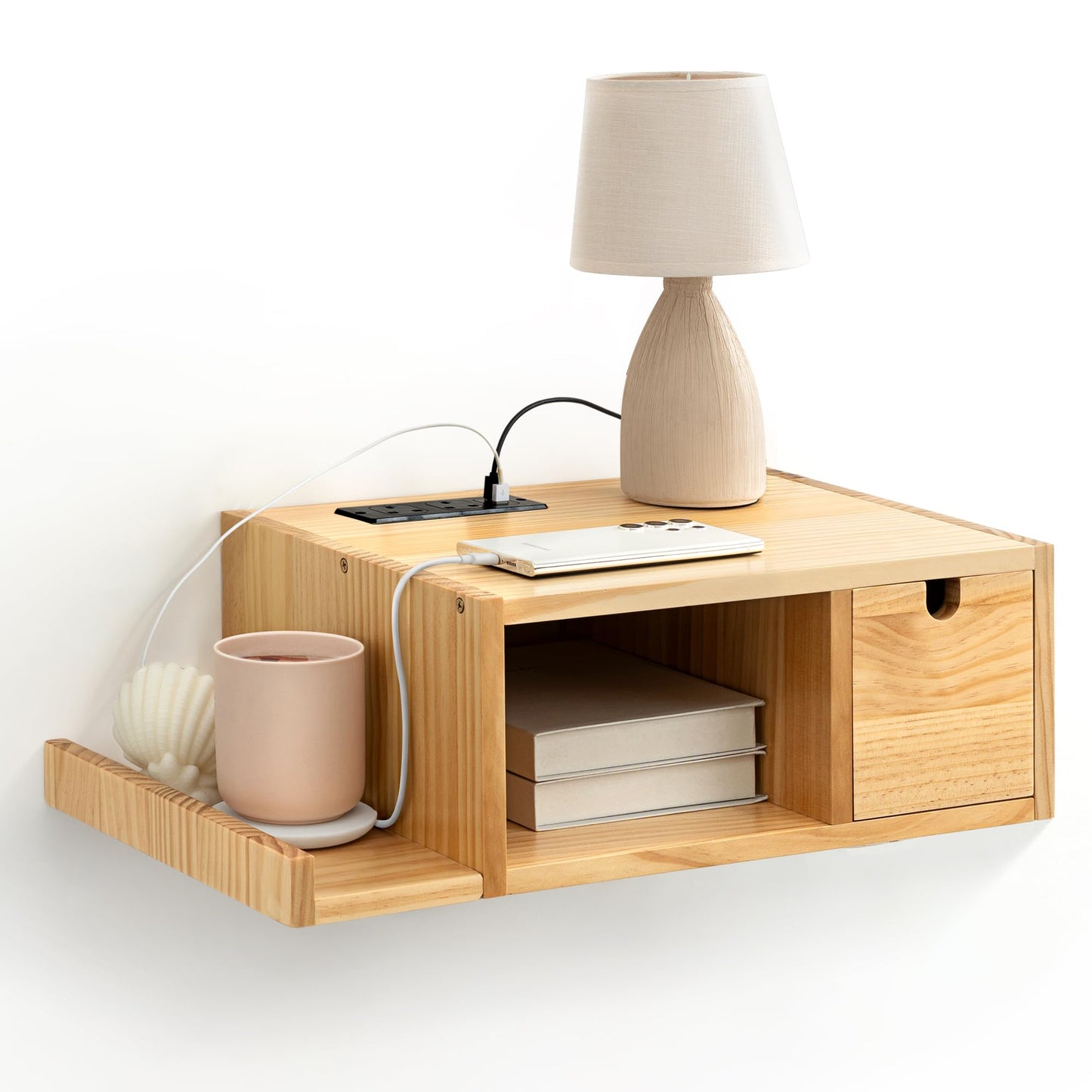 Afuly Floating Bedside Table with Charging Station, Modern Solid Wooden Nightstand with Drawers, Wall Mounted 30cm Wide Bedside Organizer for Bedroom