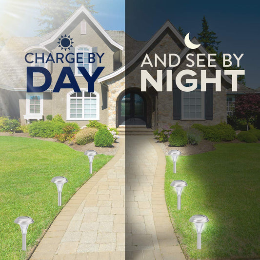 Solar Garden Lights for Outdoor 8 Brightest Light Set - Beautiful Brushed Stainless Steel - Transform Your Paths, Garden, Flowerbeds and Drive -