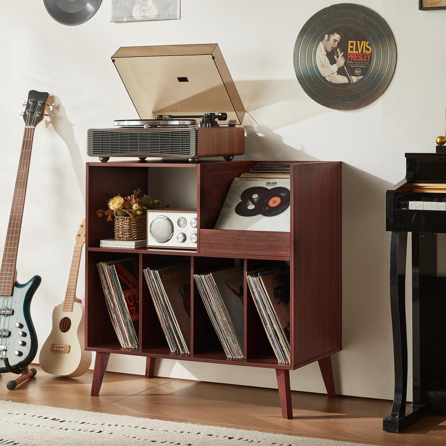 Large record stand with storage, record player stand with shelf, vinyl record holder with presentation surface, record stand for up to 300 albums