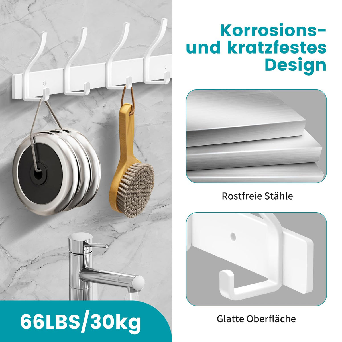 MEIJO Coat Hooks Wall Mounted Stainless Steel, White Coat Rack Wall Mounted with 6 Hooks Heavy Duty Coat Hooks for Door, Bathroom, Bedroom, Kitchen
