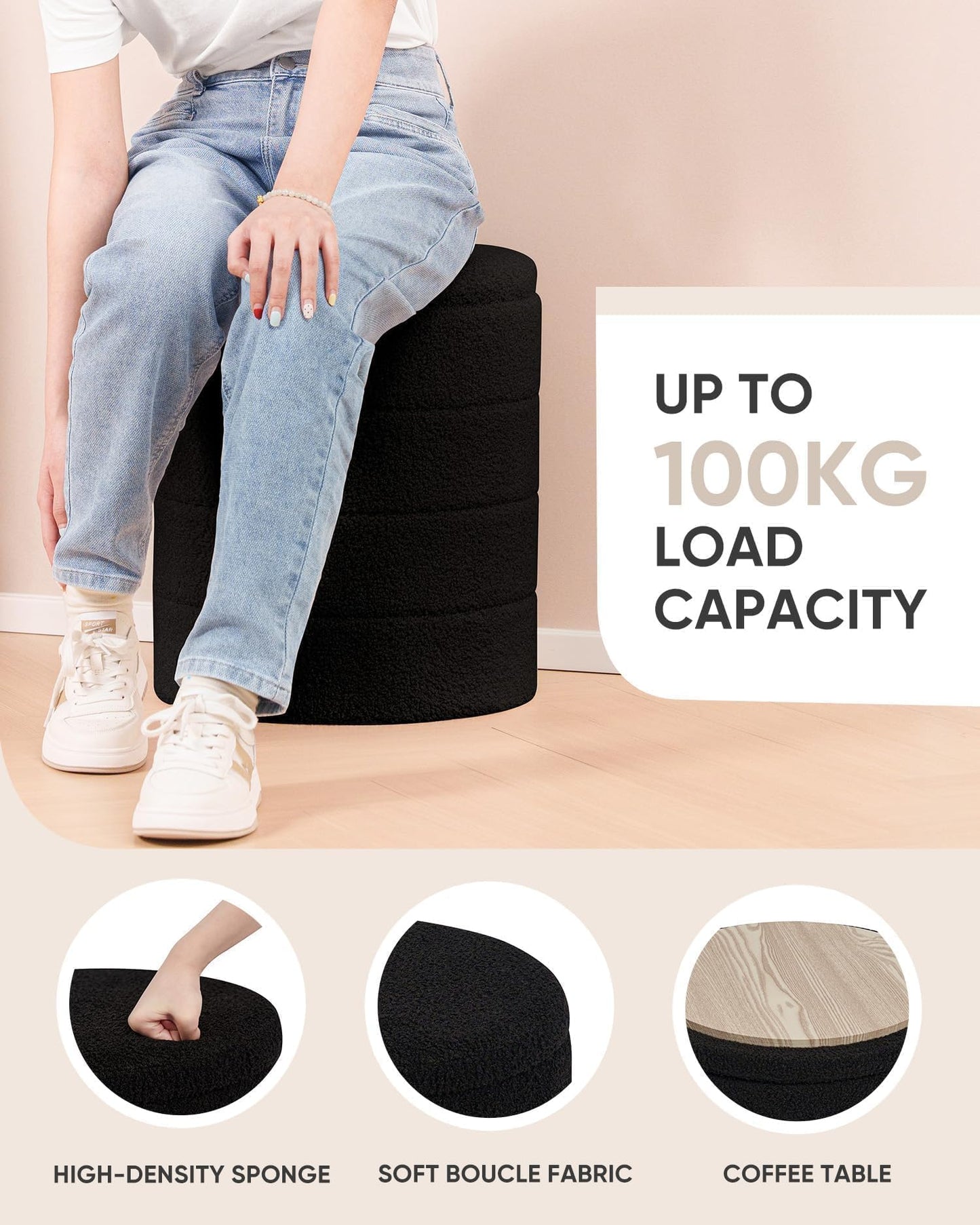 Bonlife Boucle Ottoman Storage, Foot Rest Stool Seat, Folding Footstool for Living Room, Sherpa Ottoman for Bedroom, Black, 37x37x45 cm