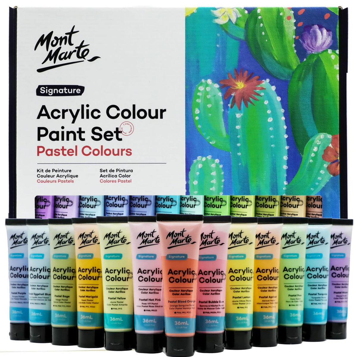 MONT MARTE Acrylic Colour Pastel Paint Set Signature 24pc x 36ml 1.2 US fl.oz, Creamy Pastel Acrylic Paint Set, Good Coverage, Semi-Matte Finish