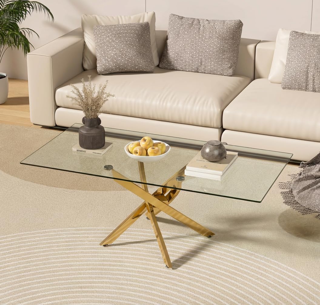 Glass Coffee Table with Gold Chrome Legs for Living Room, Home & Office
