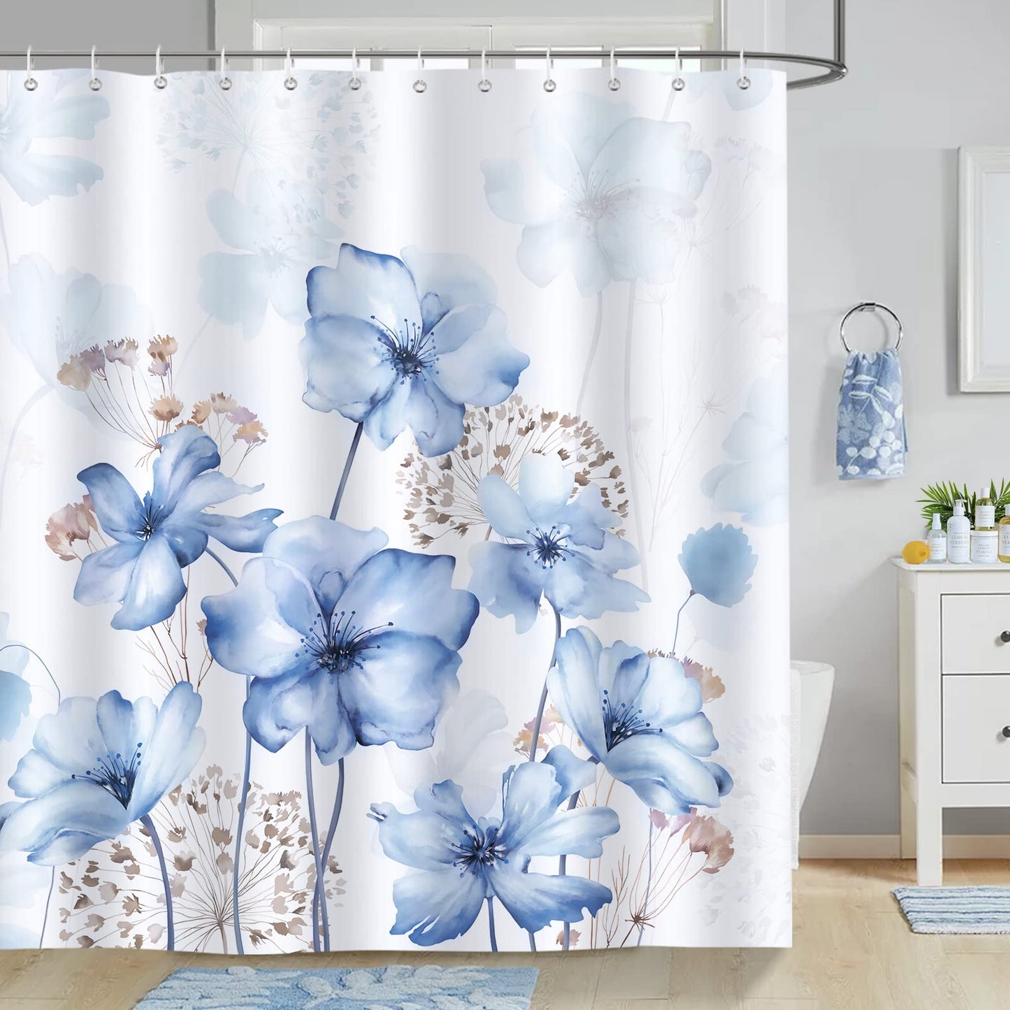 Bonhause Blue Floral Shower Curtain Watercolor Flower Modern Bathroom Curtain 180 x 180 cm Waterproof Mildew & Mould Resistant Polyester Fabric Bath