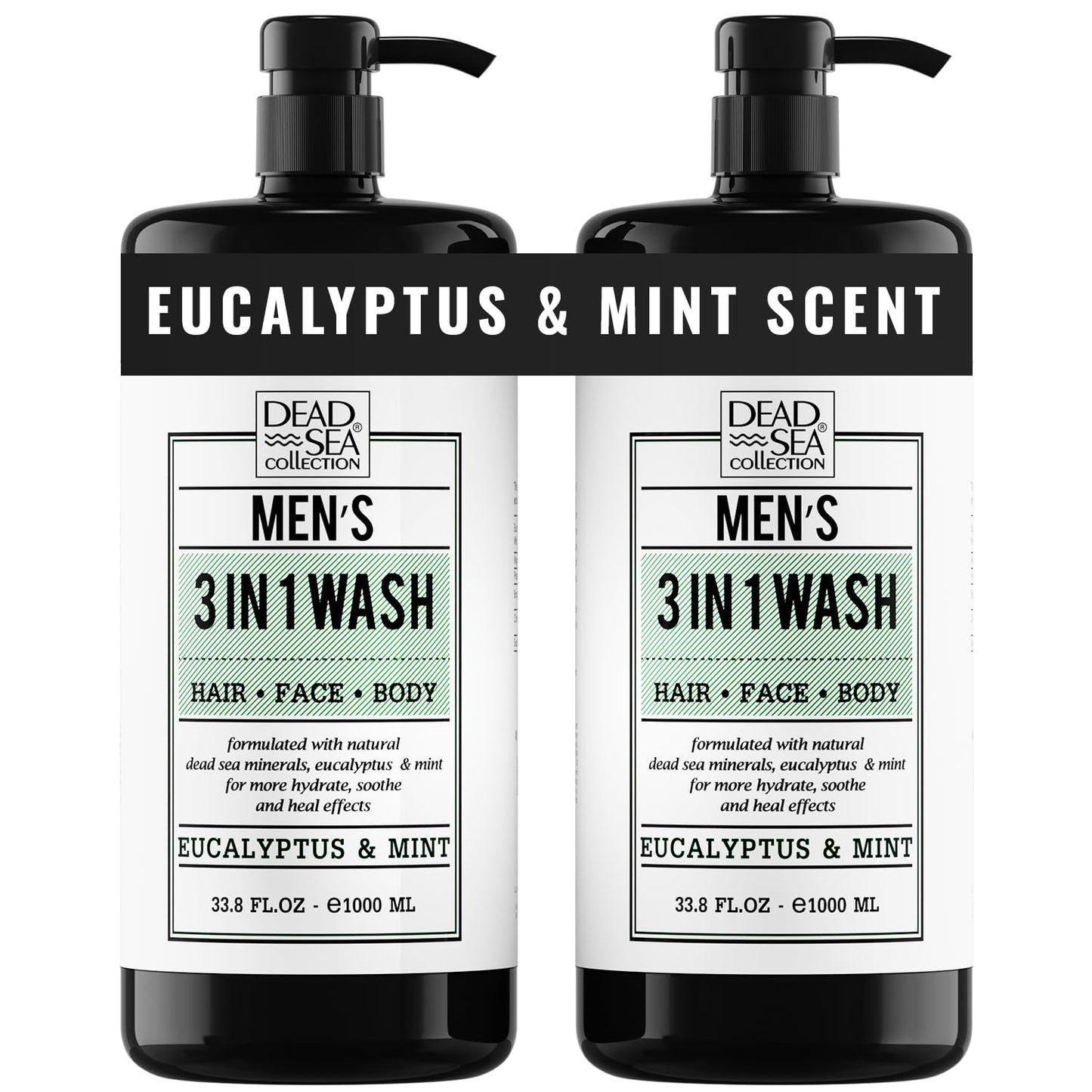 Dead Sea Collection Mens Shower Gel 3 in 1 with Eucalyptus & Mint - Body Wash with Dead Sea Salt, Shampoo for Men, Face Wash - Pack of 2 (1000 ml.