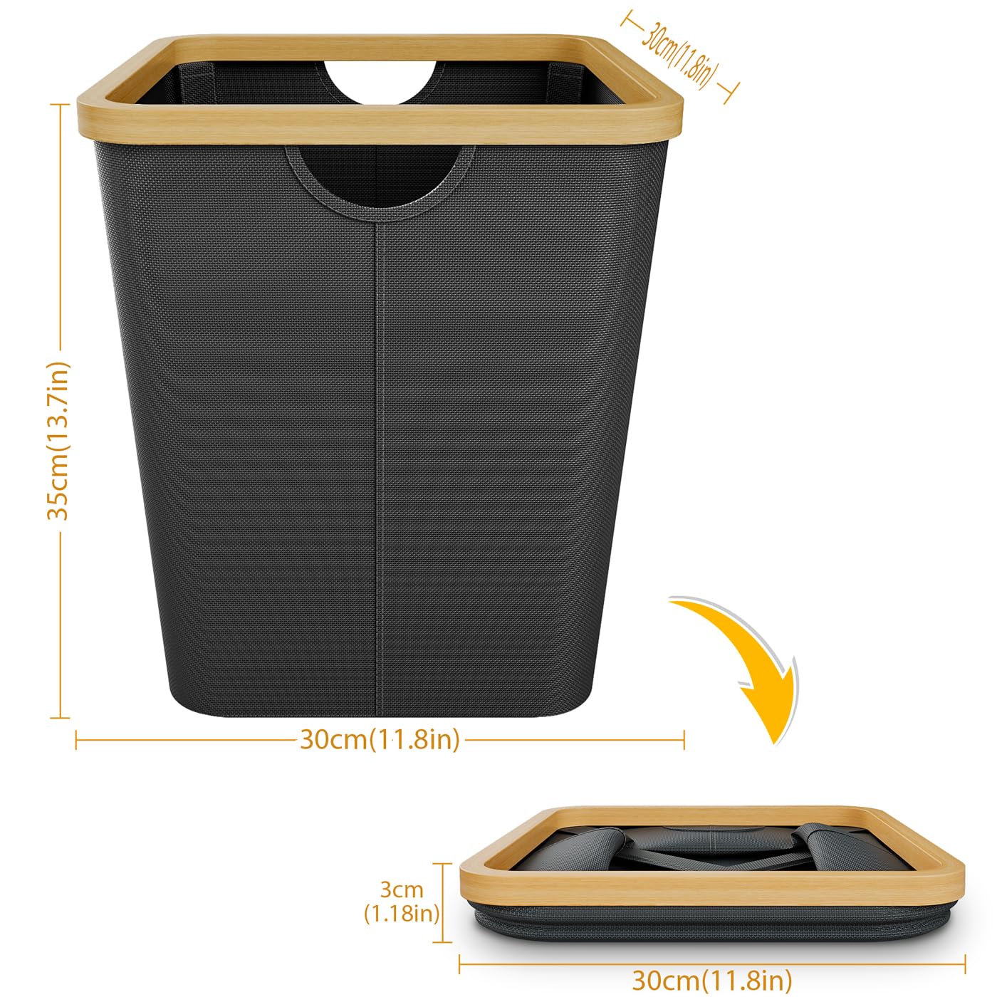 Vireon Waste Paper Bin with Bamboo Frame 30L Waste Basket with Oxford Fabric - Desk Bins for Office & Home Accessories (Black, Square, 30, Litres)