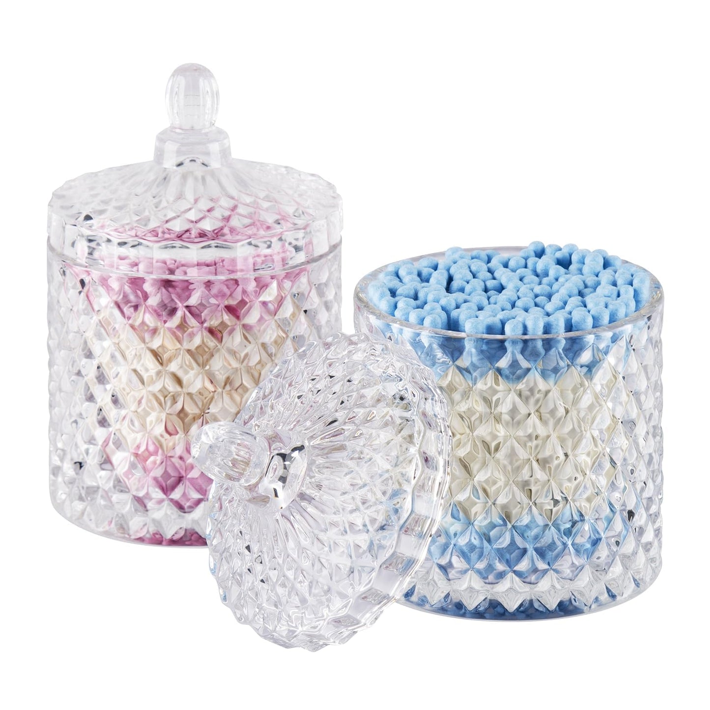 Qtip holder glass apothecary jars with lid bathroom accessories vanity organizer and make-up storage for cotton buds, ball, make-up sponges, bath