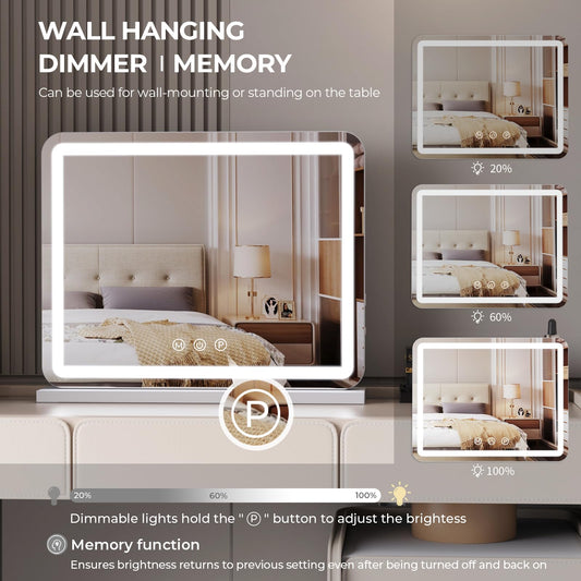ZL ZELing Vanity Mirror with Lights, 58cm Large Makeup Mirror with LED Lights, Smart Touch Dimmable 3-Color Light, Memory Function, USB Charging Port,