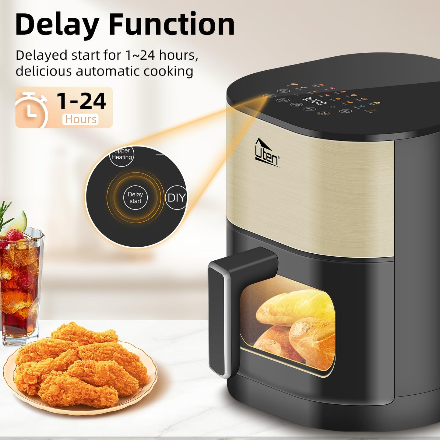 Uten Dual Blaze Air Fryer 5.5L Visual Window, Color Screen, 14 Pre Menus, Delayed Start, Stainless Oil Net, 2 Fast Heaters Independently Controllable,